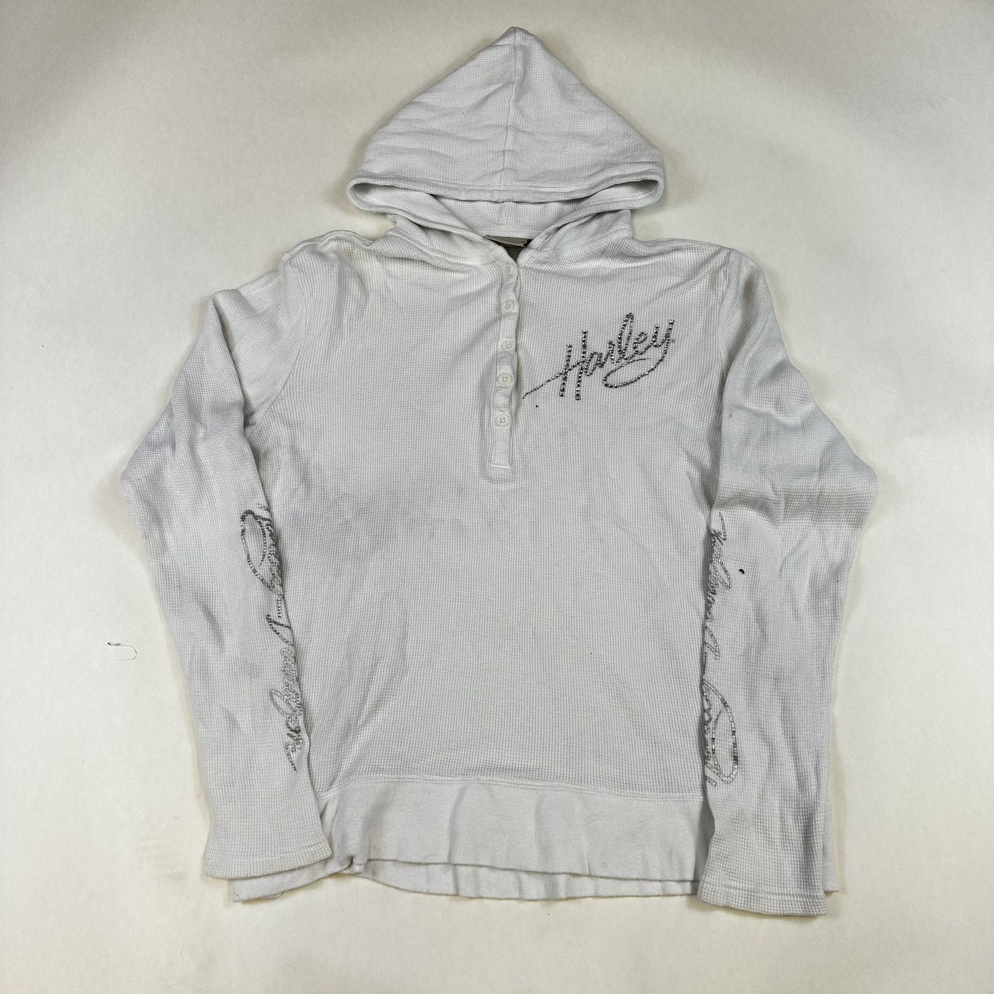 Harley-Davidson Womens White Waffle Knit Hooded Henley XL 100% Cotton Made In China