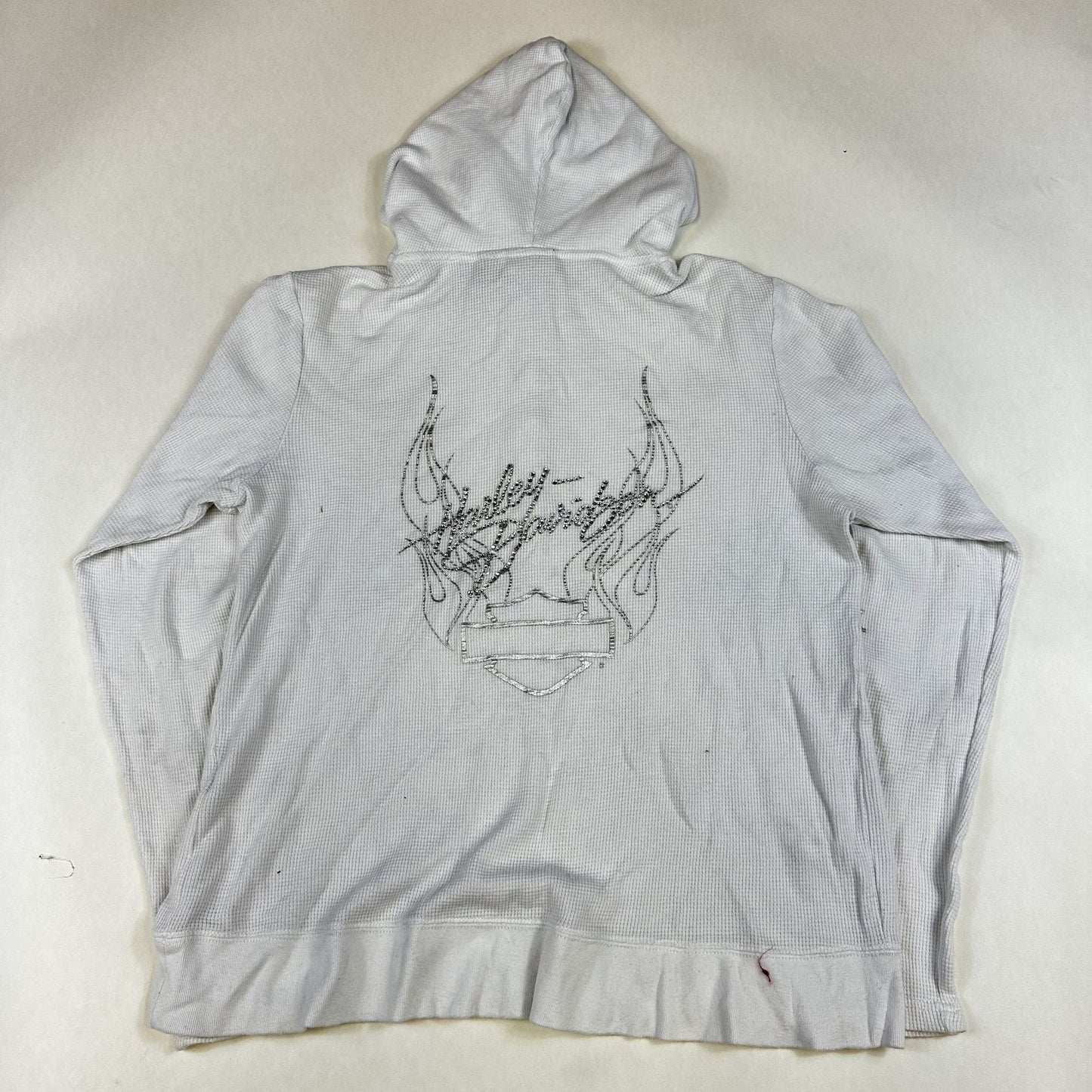 Harley-Davidson Womens White Waffle Knit Hooded Henley XL 100% Cotton Made In China