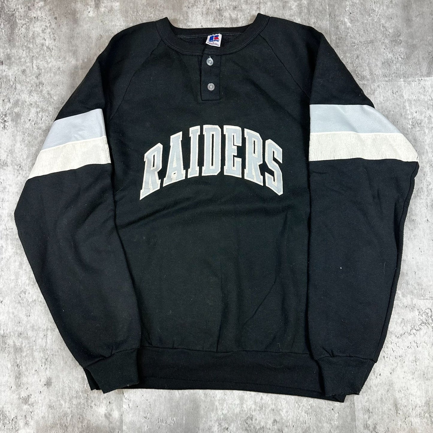Vintage Russell Athletic Raiders Sweatshirt L Black Pullover Henley Made In U.S.A. With Grey Sleeve Stripes