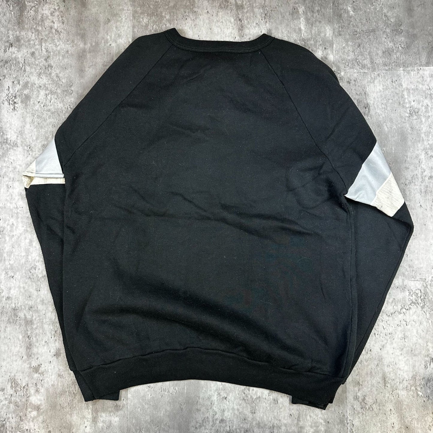 Vintage Russell Athletic Raiders Sweatshirt L Black Pullover Henley Made In U.S.A. With Grey Sleeve Stripes