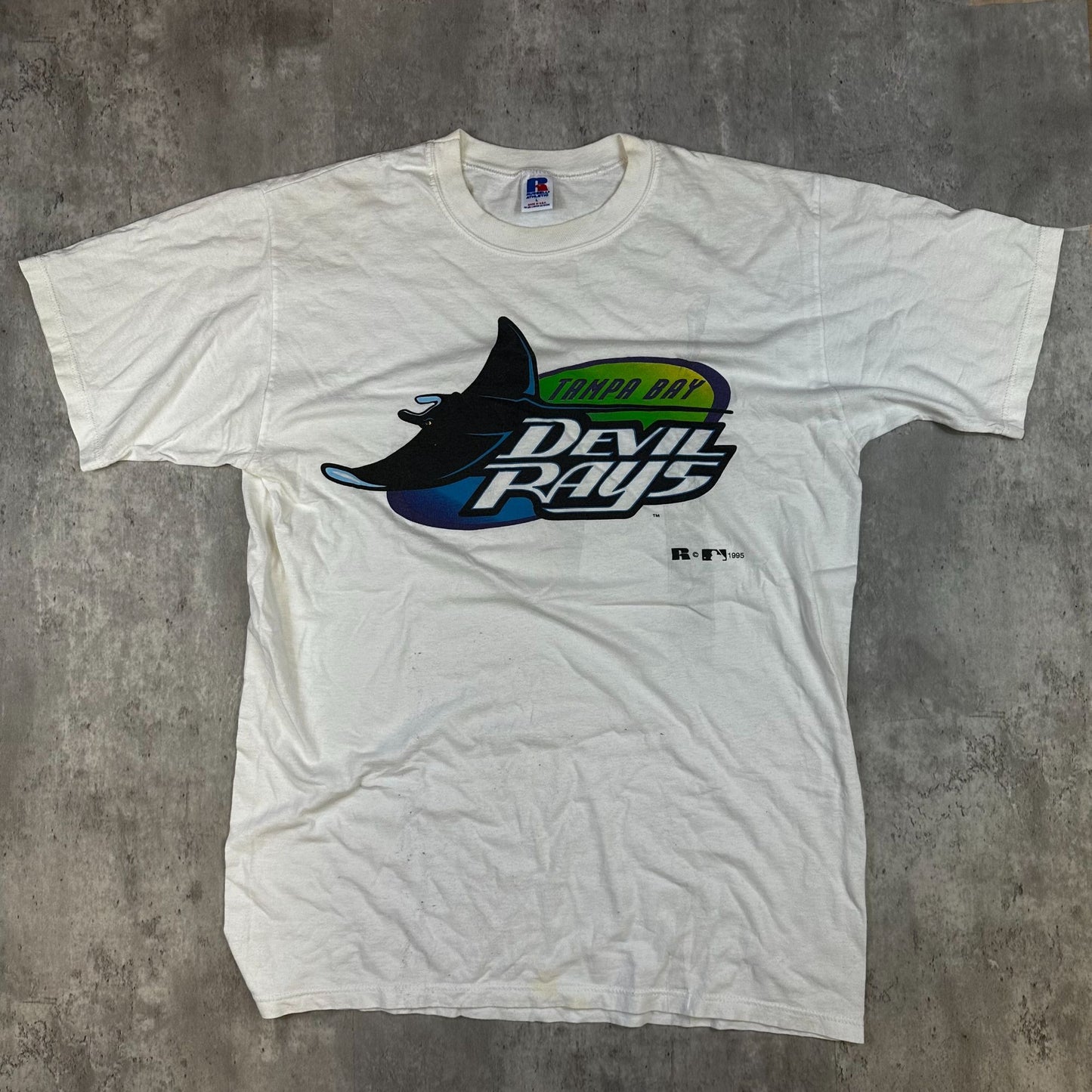 Vintage Tampa Bay Devil Rays Russell Athletic T-Shirt L White Cotton Sport Logo Graphic
