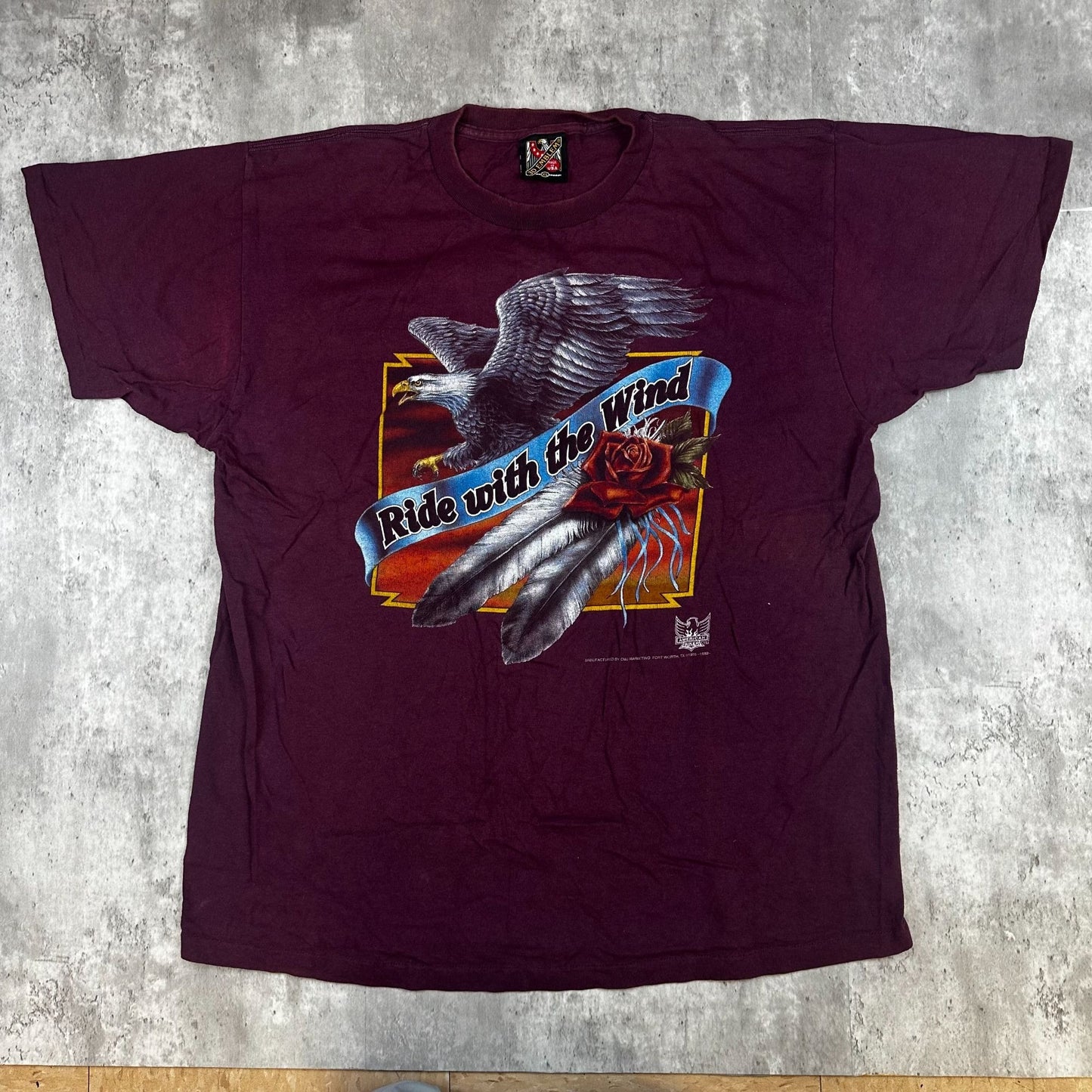 Vintage 3D Emblem XL Maroon T-Shirt Ride With The Wind Eagle Graphic Made In USA
