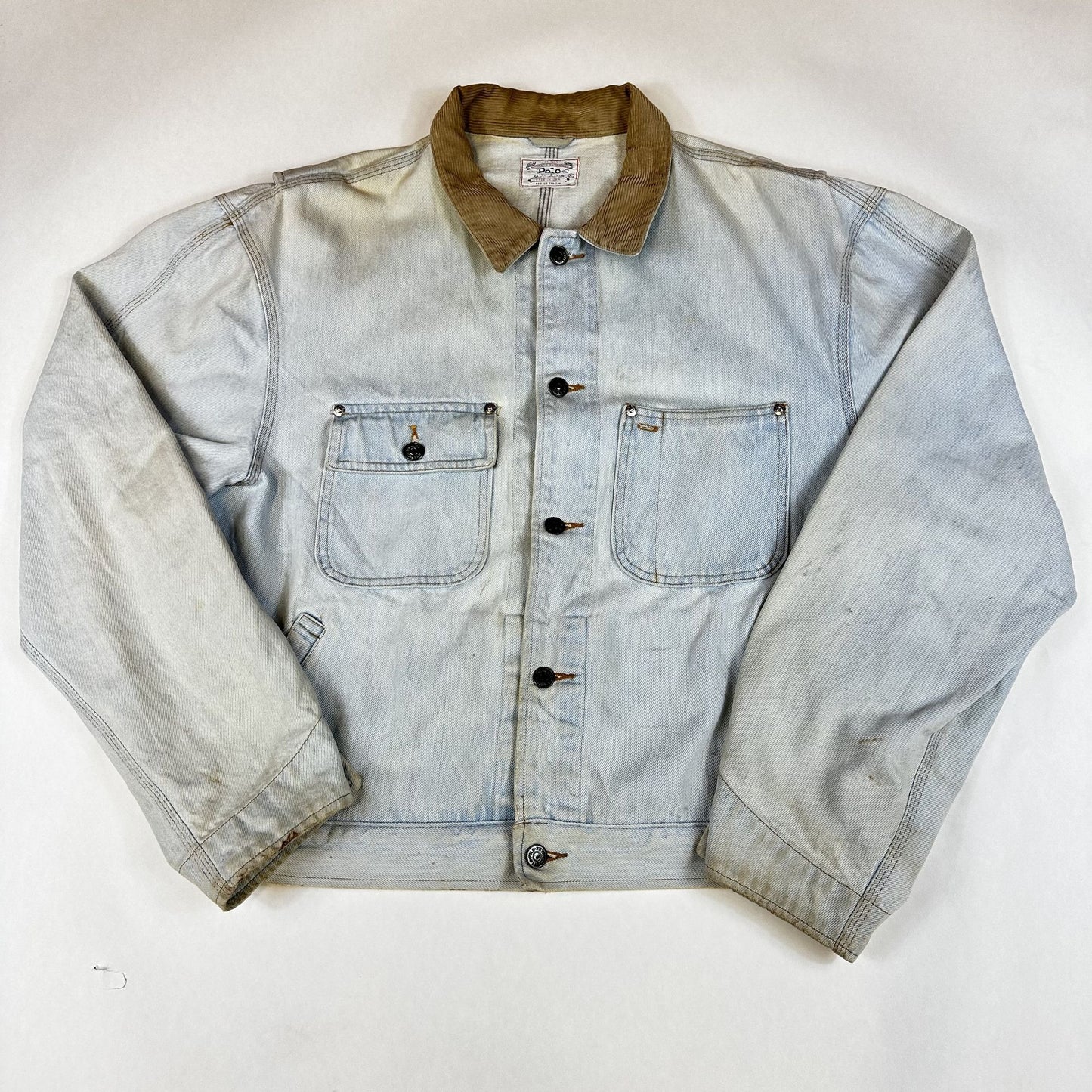 Polo Ralph Lauren Authentic Light Wash Denim Jacket With Corduroy Collar - Made In USA