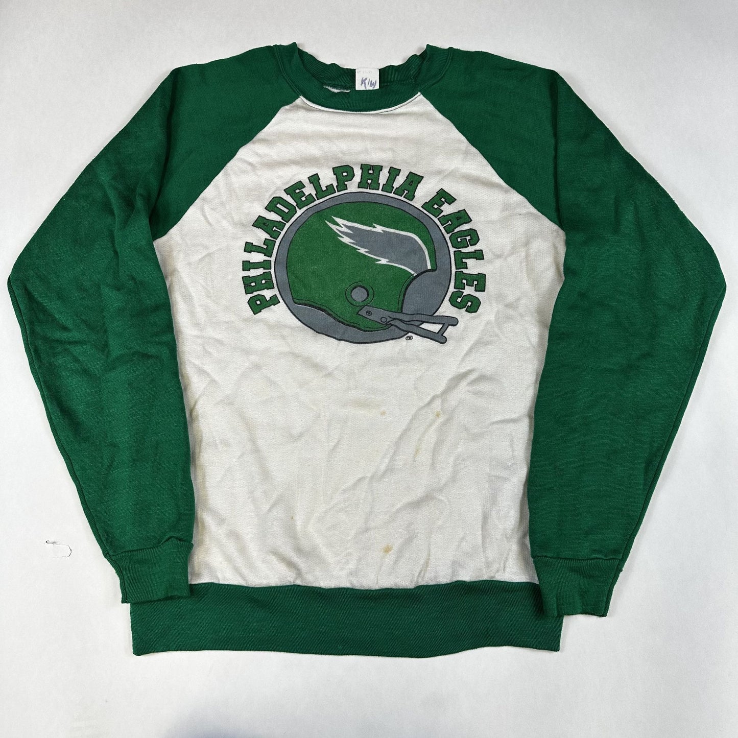 Vintage Philadelphia Eagles Green & White Raglan Sweatshirt XL 18-20 100% Cotton