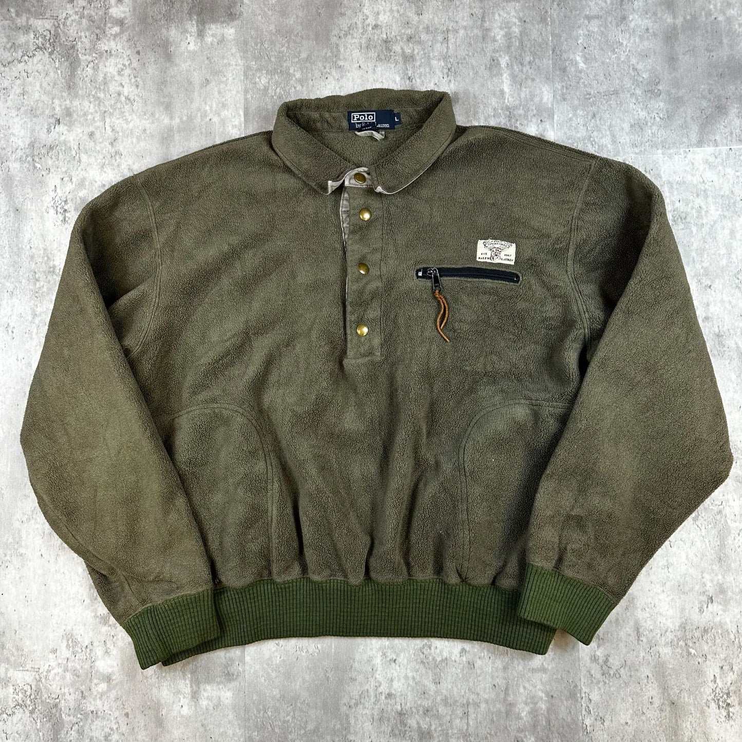 Polo By Ralph Lauren Olive Green Fleece Pullover Sweatshirt With Quarter Button & Pocket L