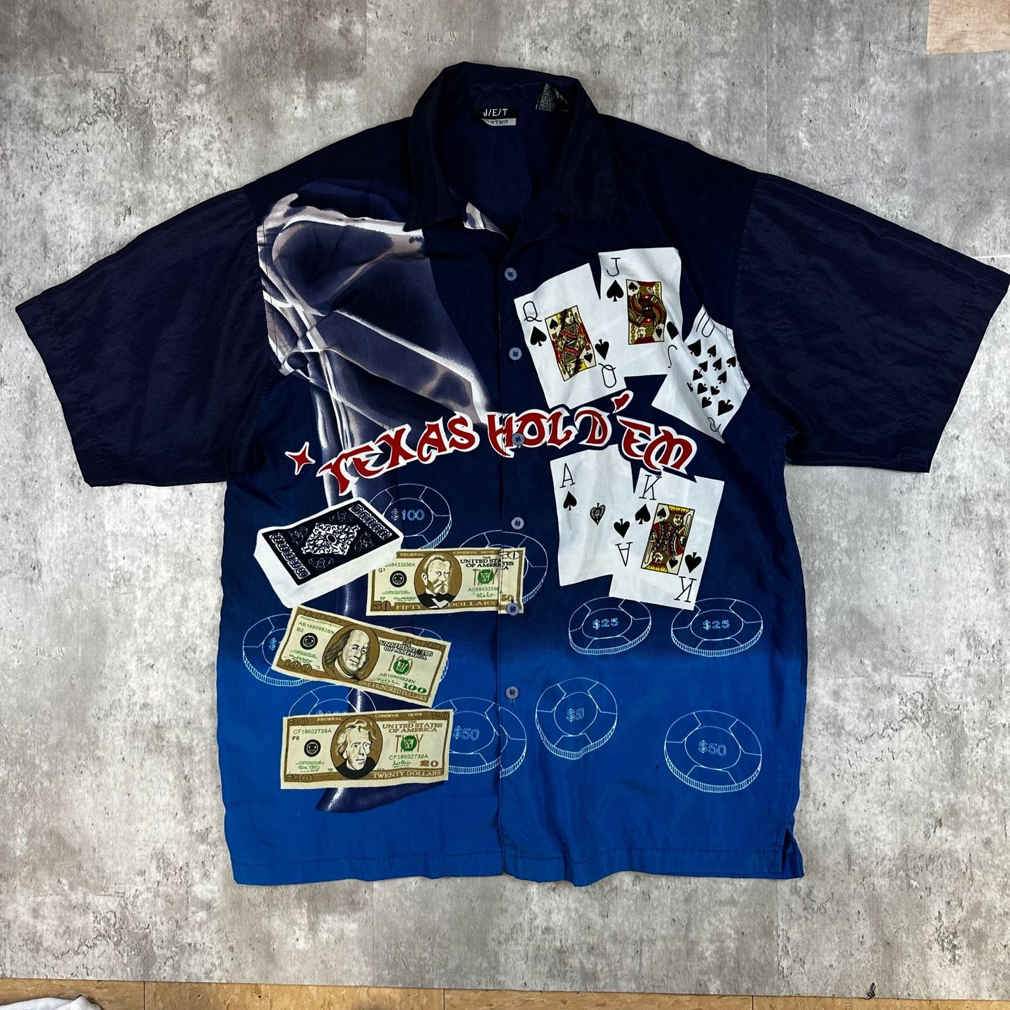 Texas Hold EmThemed Button-Up Shirt Medium J/E/T 100% Polyester Blue & White