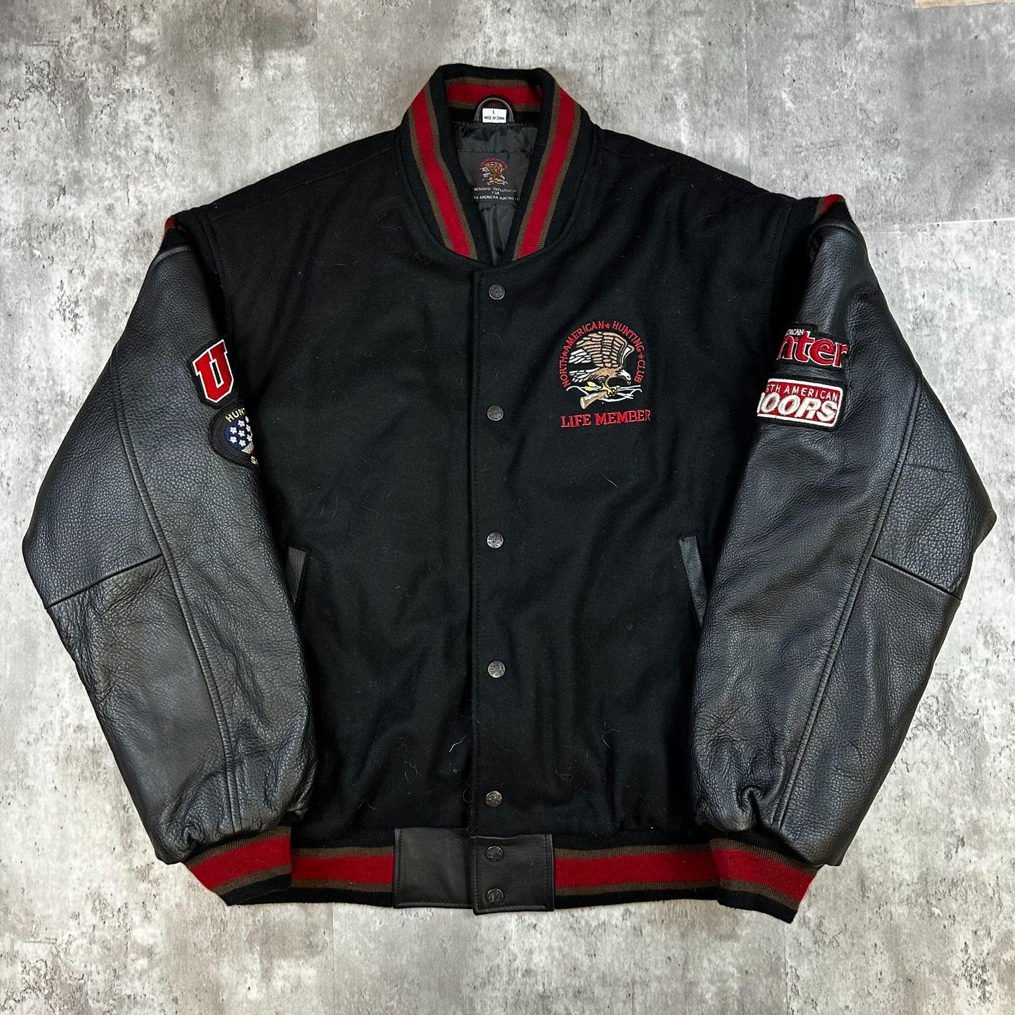North American Hunting Club Life Member Jacket L Black Wool Leather Sleeves Embroidered Design