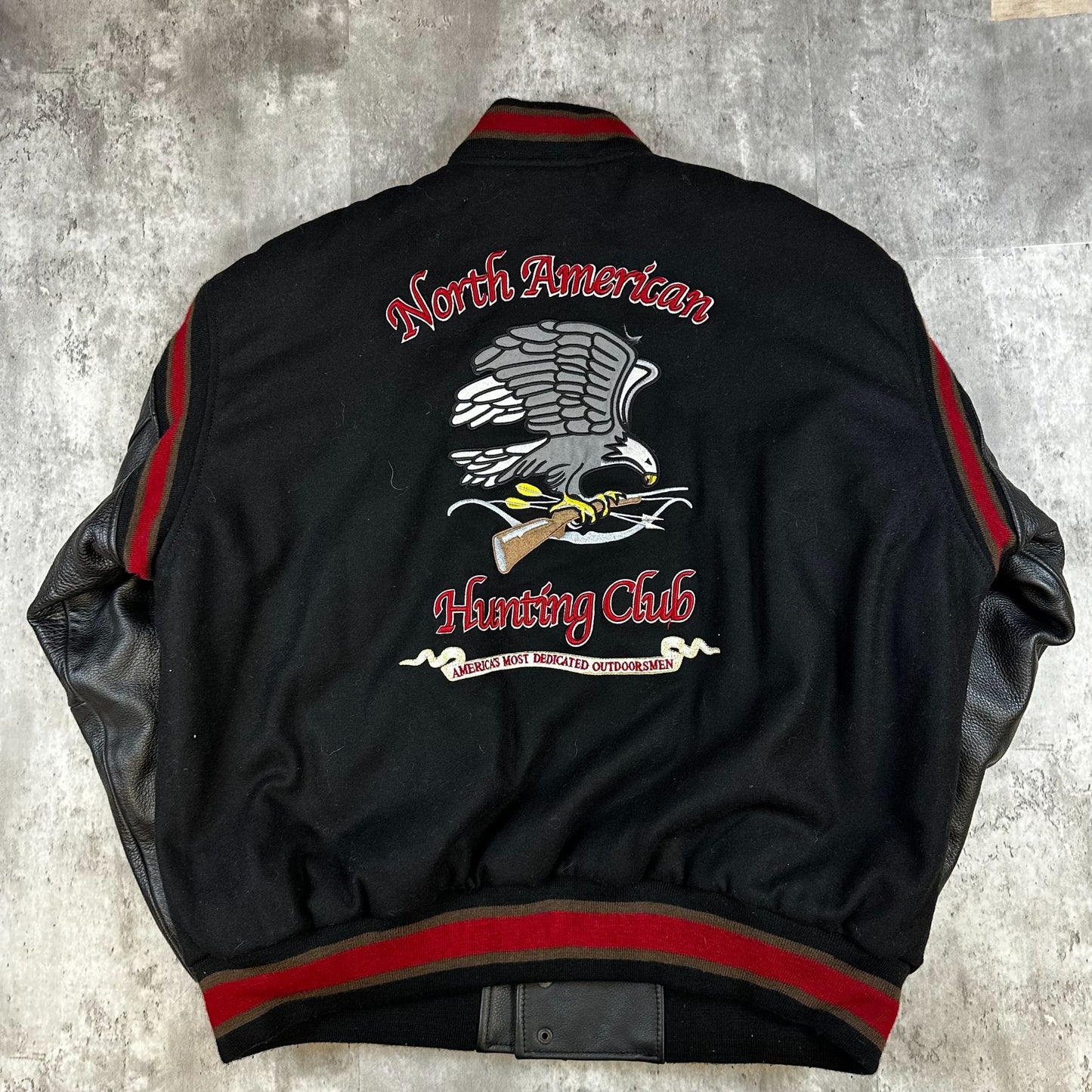 North American Hunting Club Life Member Jacket L Black Wool Leather Sleeves Embroidered Design