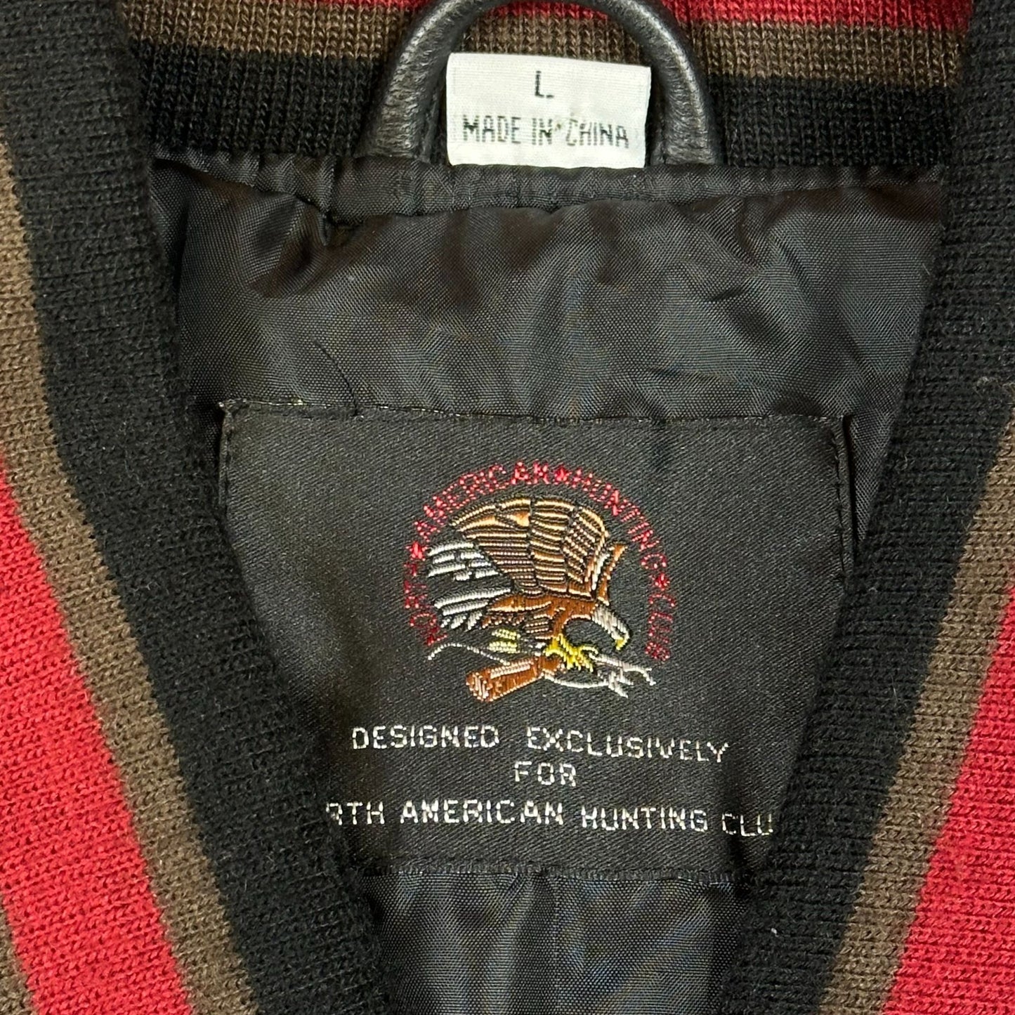North American Hunting Club Life Member Jacket L Black Wool Leather Sleeves Embroidered Design