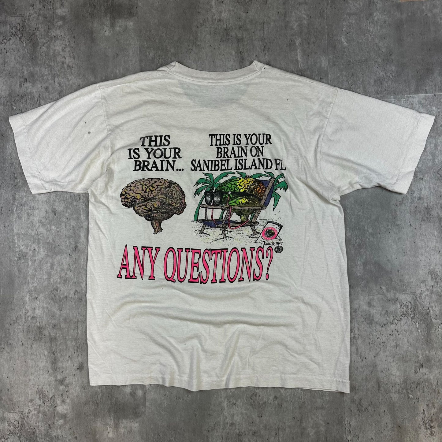 Vintage Fruit Of The Loom BrainWaves Sanibel Island FL Graphic T-Shirt L White 100% Cotton USA Made