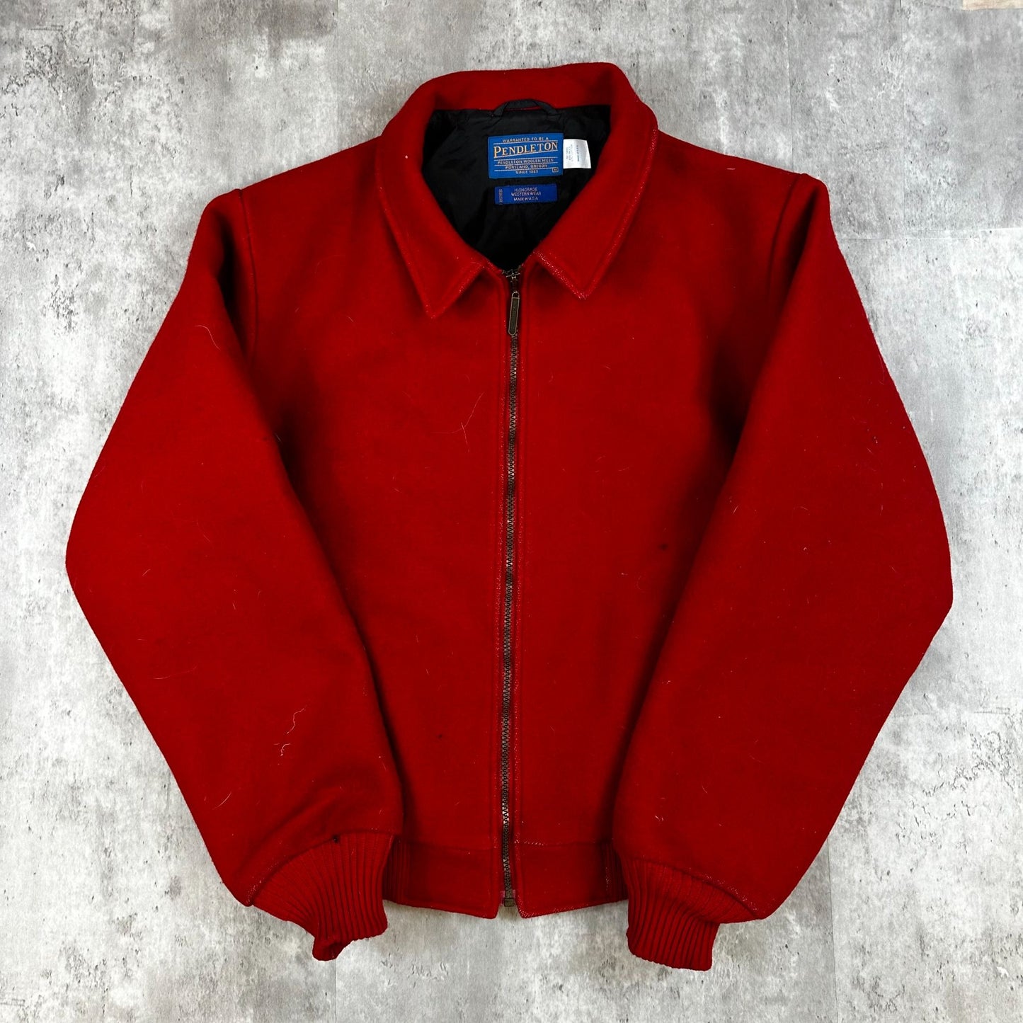 Pendleton Western Wear Red Wool Jacket With Southwestern Stripe Back Design & Full Zip Closure