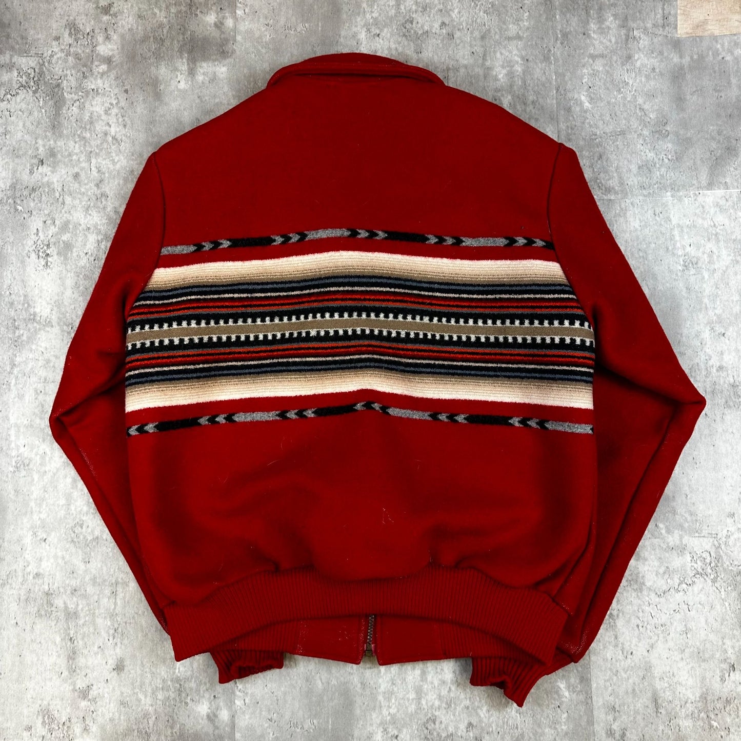 Pendleton Western Wear Red Wool Jacket With Southwestern Stripe Back Design & Full Zip Closure