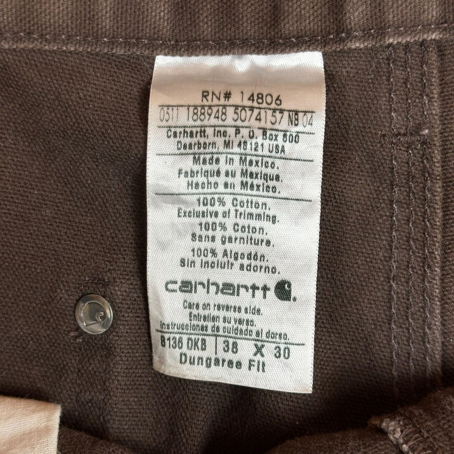 Carhartt Brown Cotton Duck Work Pants 38x30 Dungaree Fit Durable & Functional