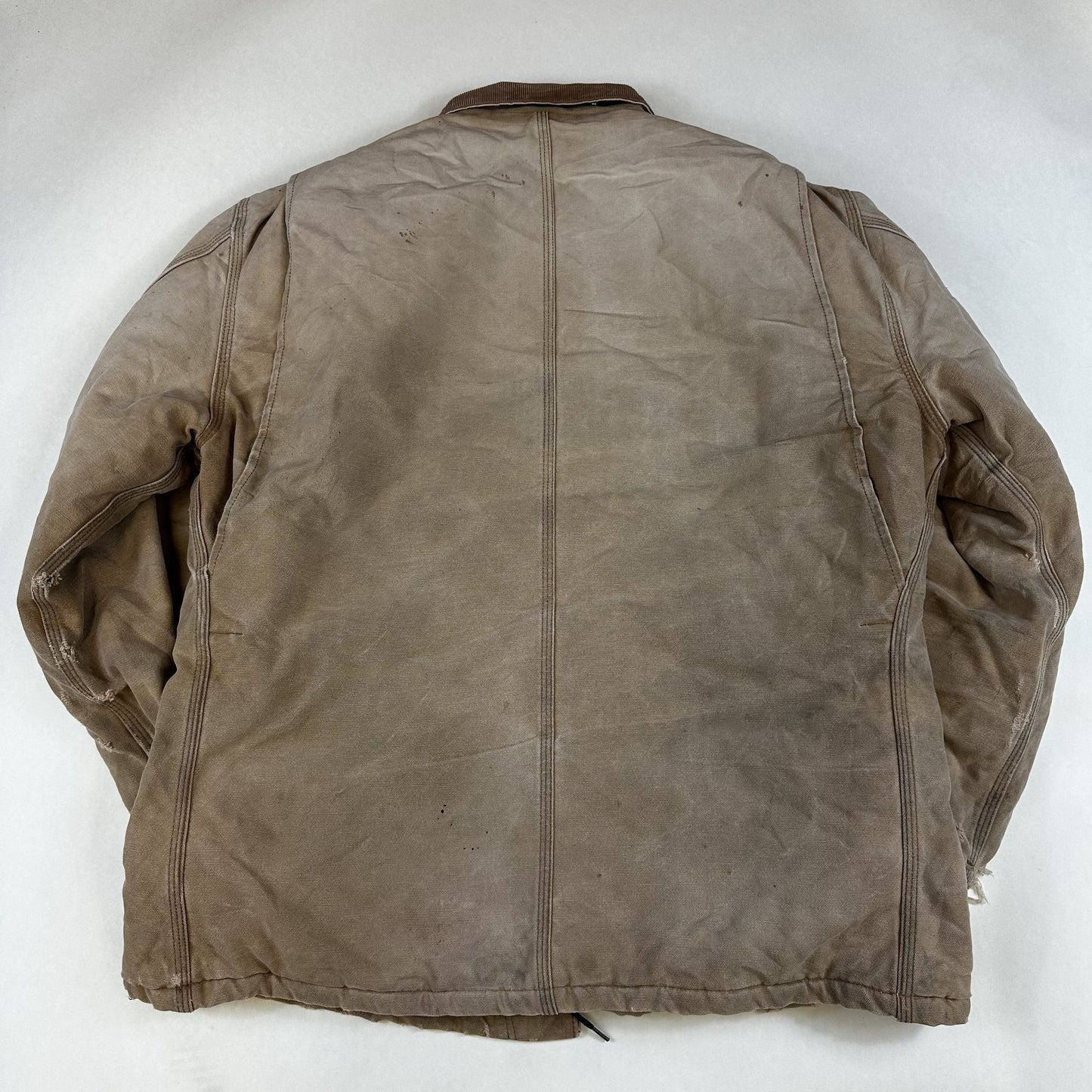 Carhartt Mens Distressed Tan Canvas Jacket W/ Brown Collar
