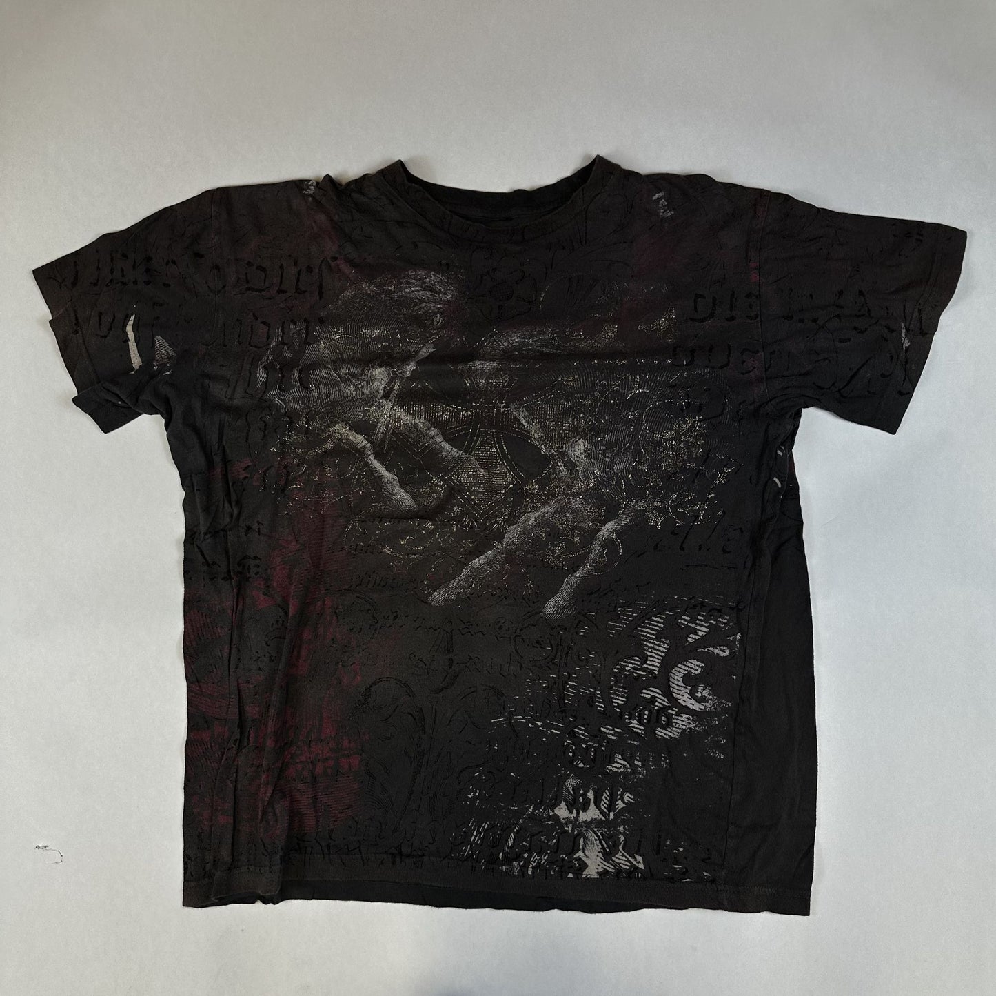 Mens L Premium Quality Black Graphic T-Shirt With Distressed Vintage Wash Design By Custom Rags