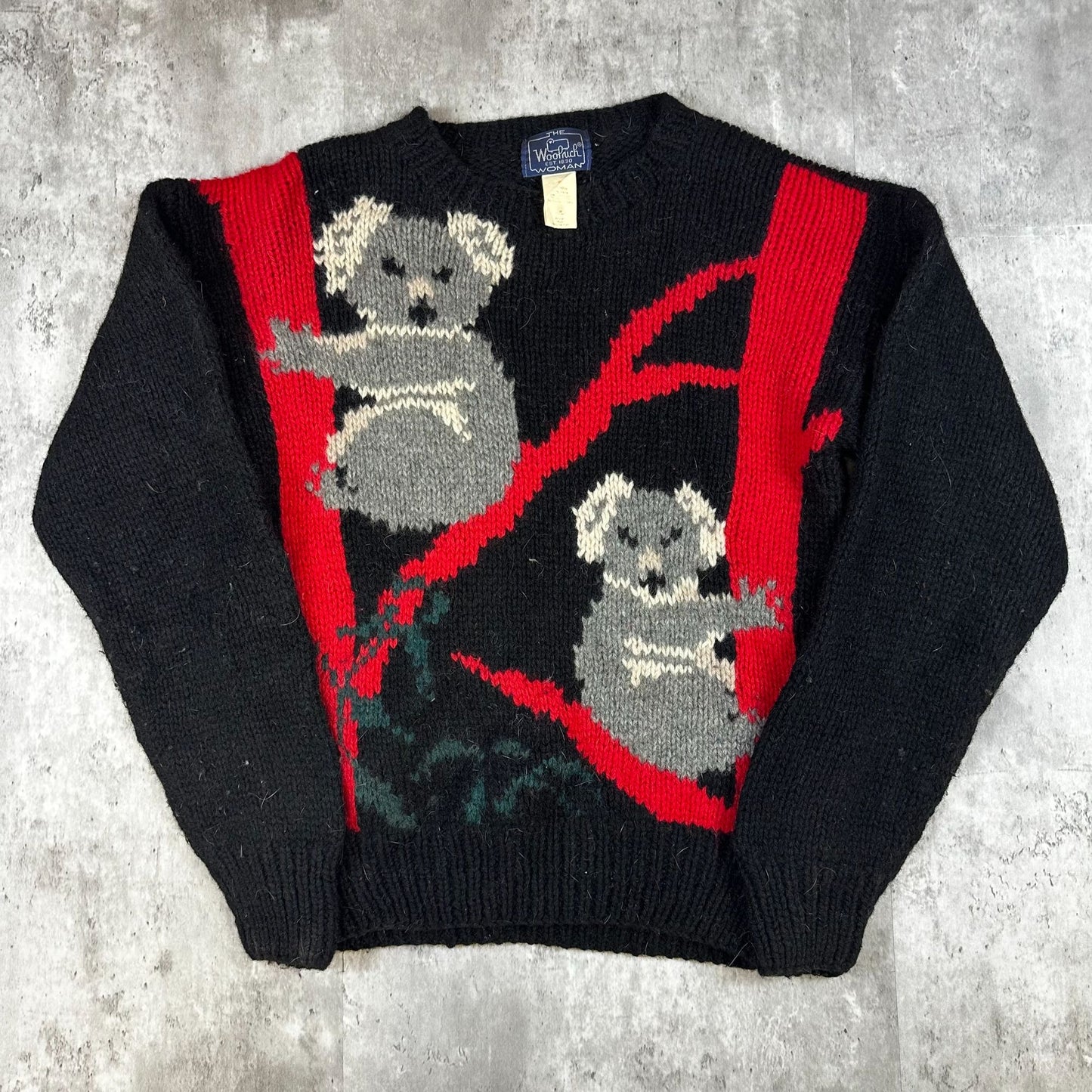 Vintage Woolrich Womens Koala Sweater Black With Red Tree Design Size M 100% Wool Cozy Warm Winter Wear