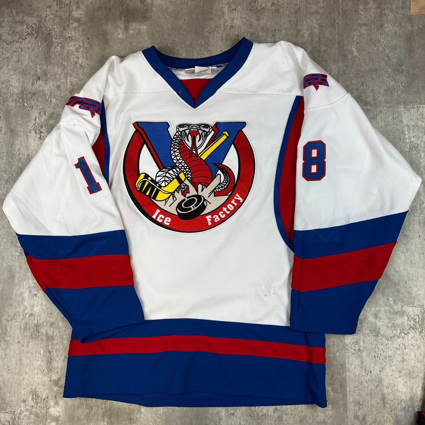 Ice Factory Custom Hockey Jersey Size L Athletic Knit White/Red/Blue Cobra Logo