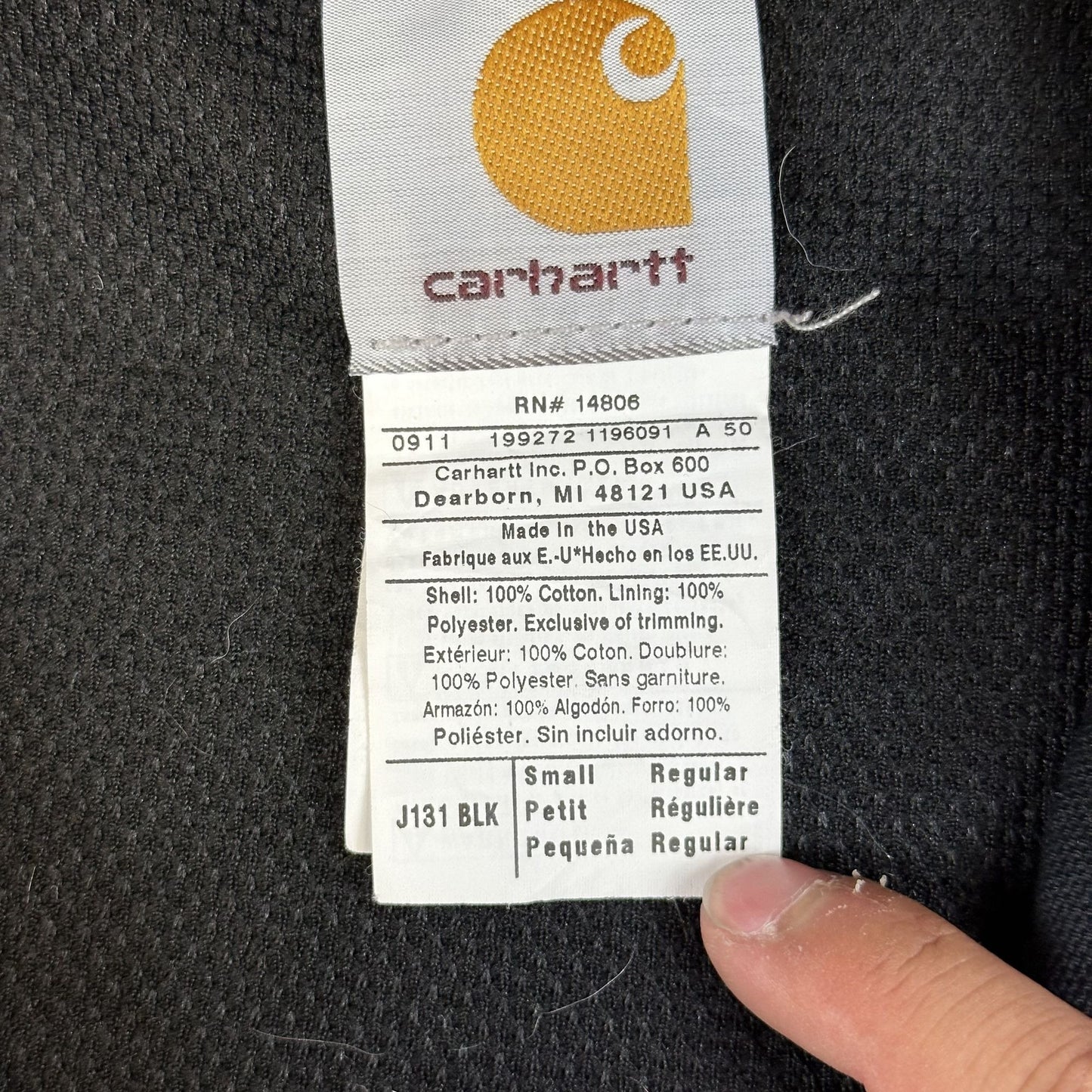 Carhartt Black Hooded Full-Zip Jacket With Embroidered Logos Mens S Cotton/Polyester Blend