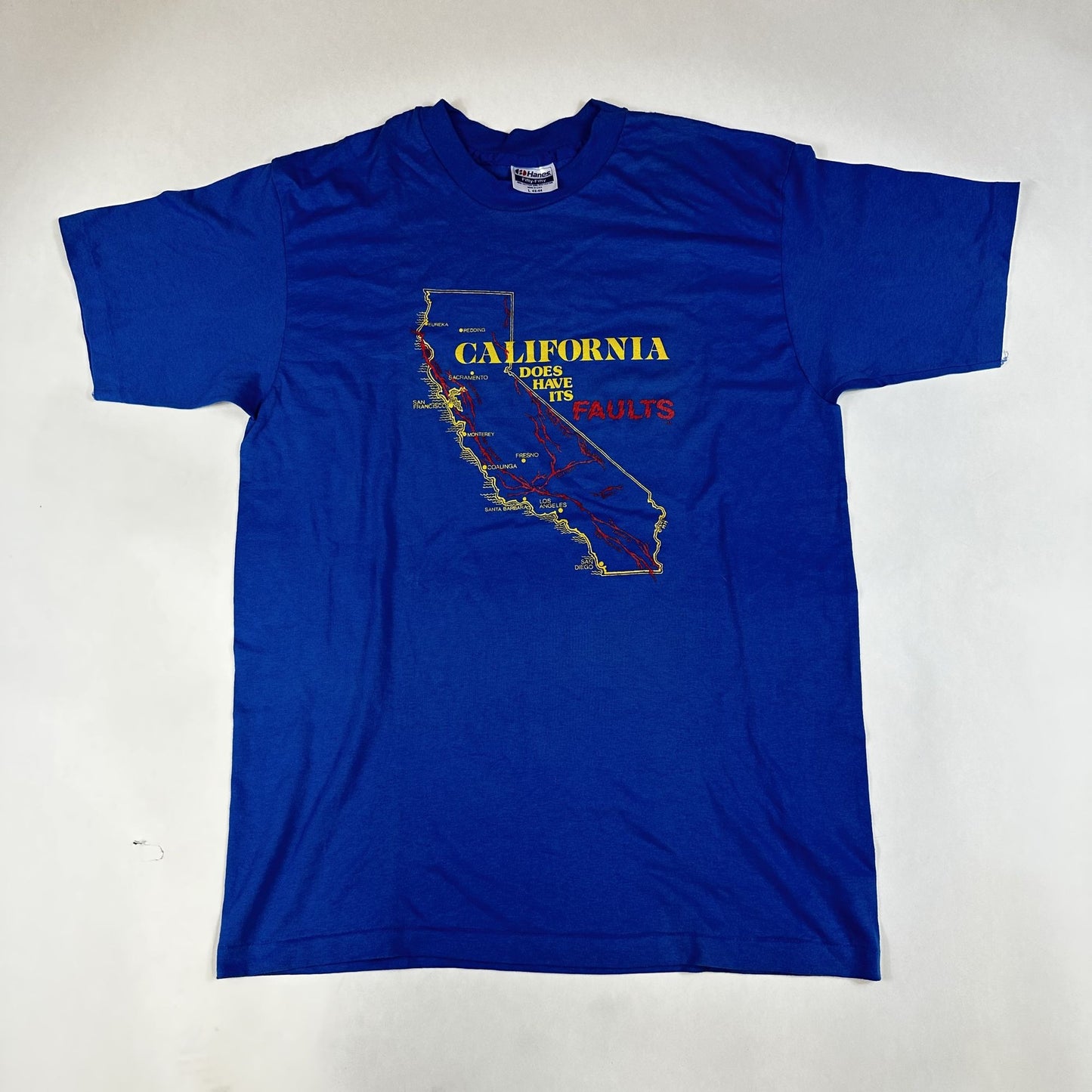 Vintage Hanes California Faults Graphic T-Shirt L 42-44 Blue 50/50 Cotton/Polyester USA Made