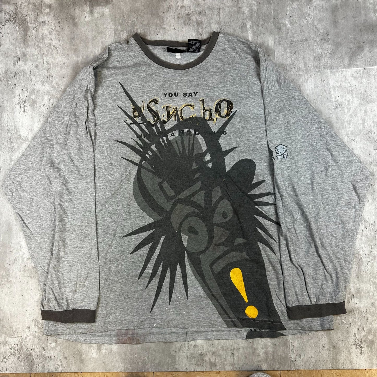 No Boundaries Mens 2XL Long Sleeve Graphic Tee Gray Psycho Print 100% Cotton Casual