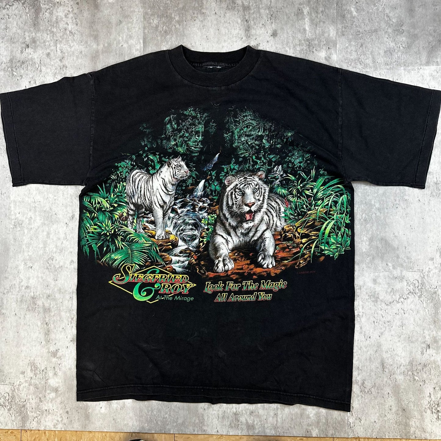Siegfried & Roy Black Graphic T-Shirt Featuring White Tigers Jungle Theme "Look For The Magic All Around You"
