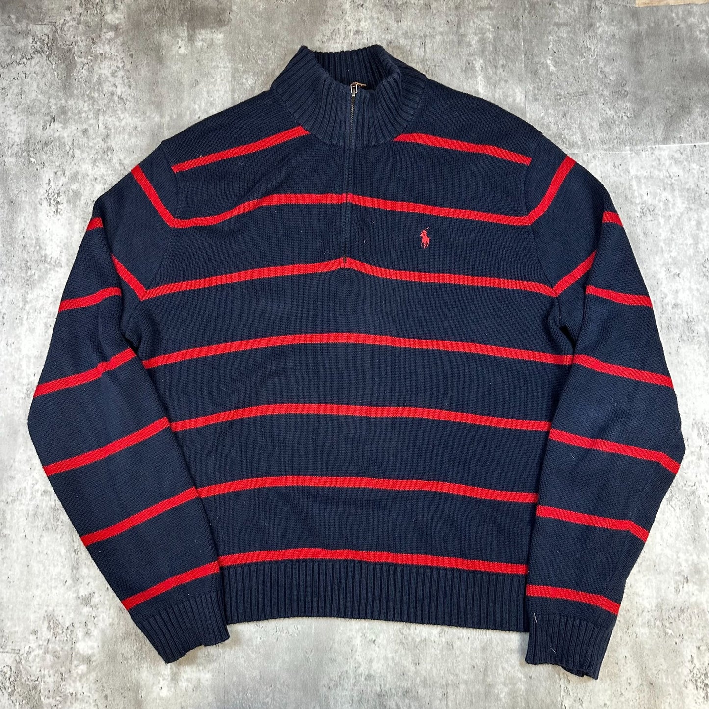 Vintage Navy and Red Striped Polo Ralph Lauren Quarter-Zip Sweater