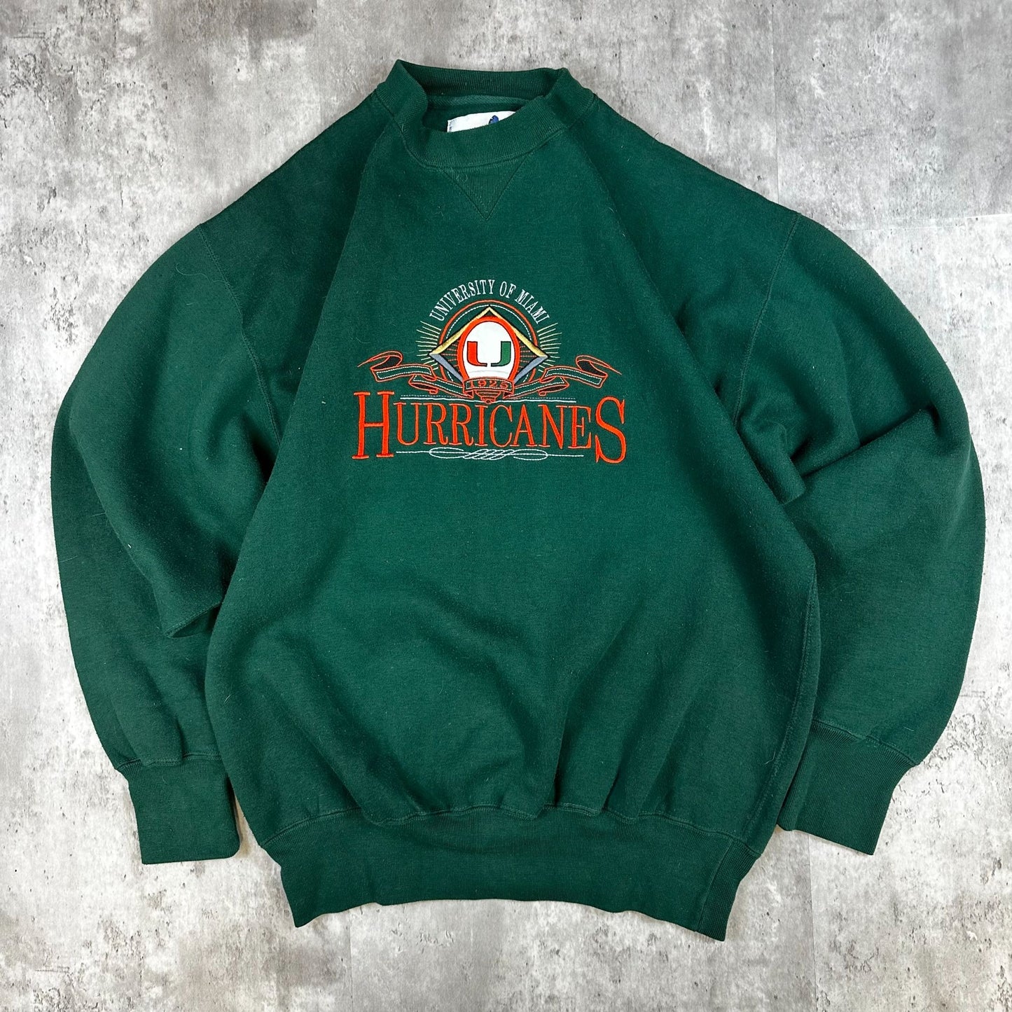 Vintage University Of Miami Hurricanes Sweatshirt L Midwest Embroidery Green Crewneck Cotton Blend