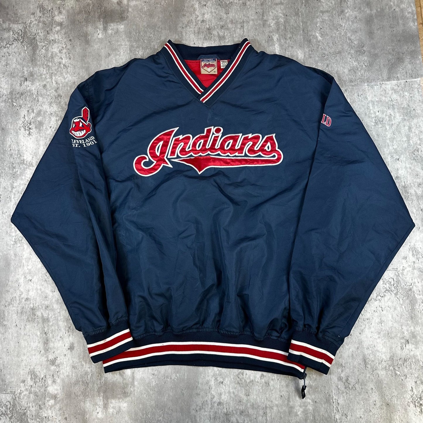 Cleveland Indians Authentic Baseball Pullover Jacket Navy With Embroidered Logo Ribbed Trim Medium
