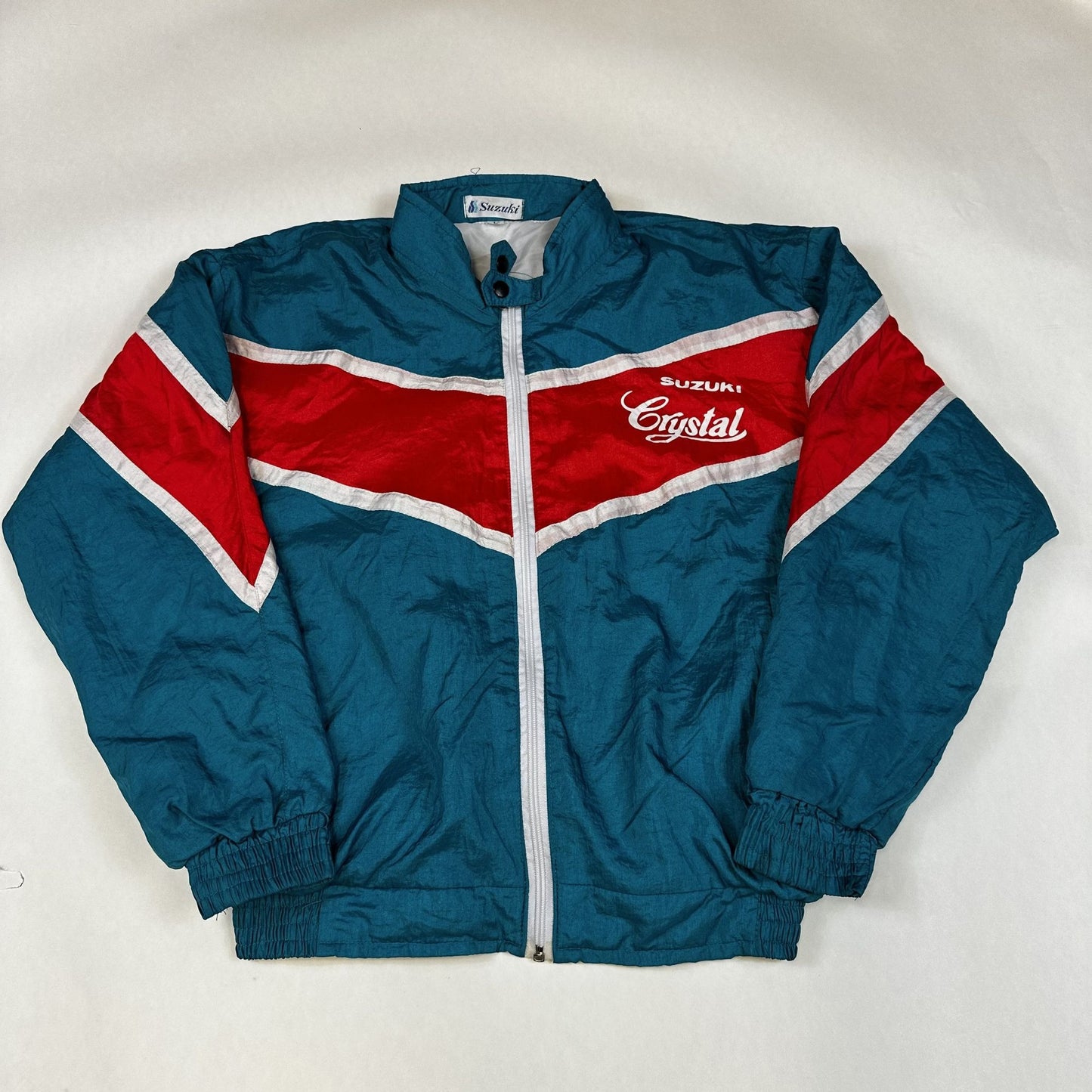 Vintage Suzuki Motorcycle Jacket L Teal Red White Windbreaker Full-Zip Nylon Lined Elastic Hem & Cuffs Mens Retro 80s Sportswear