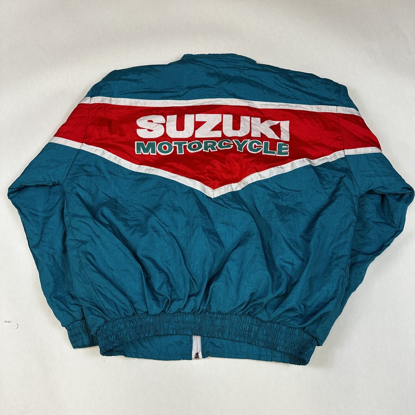 Vintage Suzuki Motorcycle Jacket L Teal Red White Windbreaker Full-Zip Nylon Lined Elastic Hem & Cuffs Mens Retro 80s Sportswear