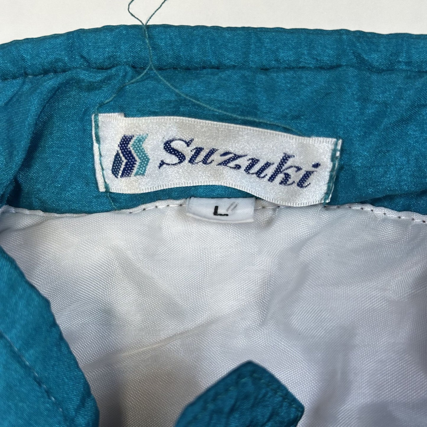 Vintage Suzuki Motorcycle Jacket L Teal Red White Windbreaker Full-Zip Nylon Lined Elastic Hem & Cuffs Mens Retro 80s Sportswear