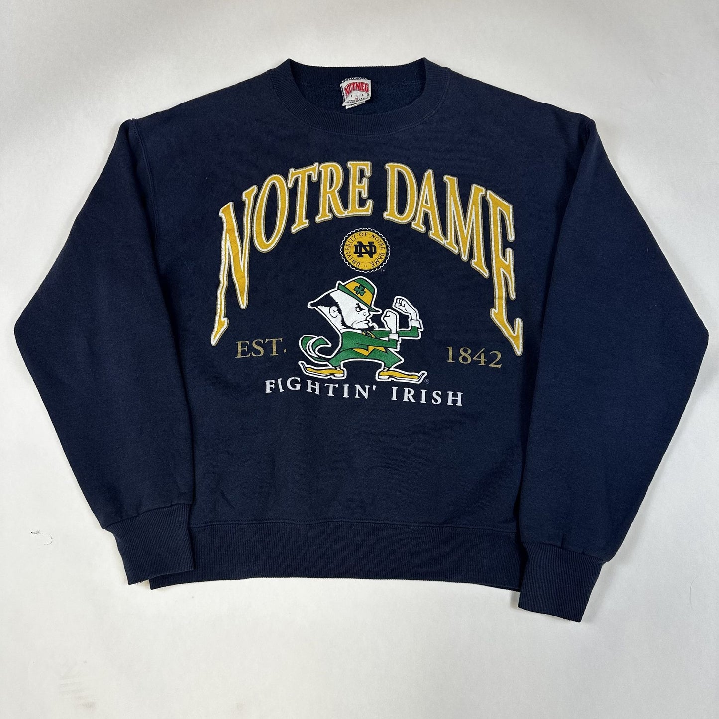 Vintage Notre Dame Fighting Irish Sweatshirt Nutmeg Mills M Navy Blue Made In USA