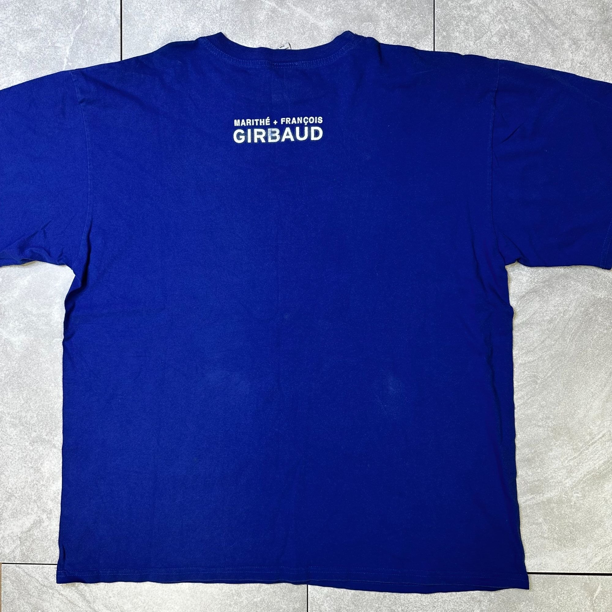 Marithe Francois Girbaud Blue Graphic T-Shirt Size XL 100% Cotton Vintage Design Crew Neck Short Sleeve Unisex Made In USA