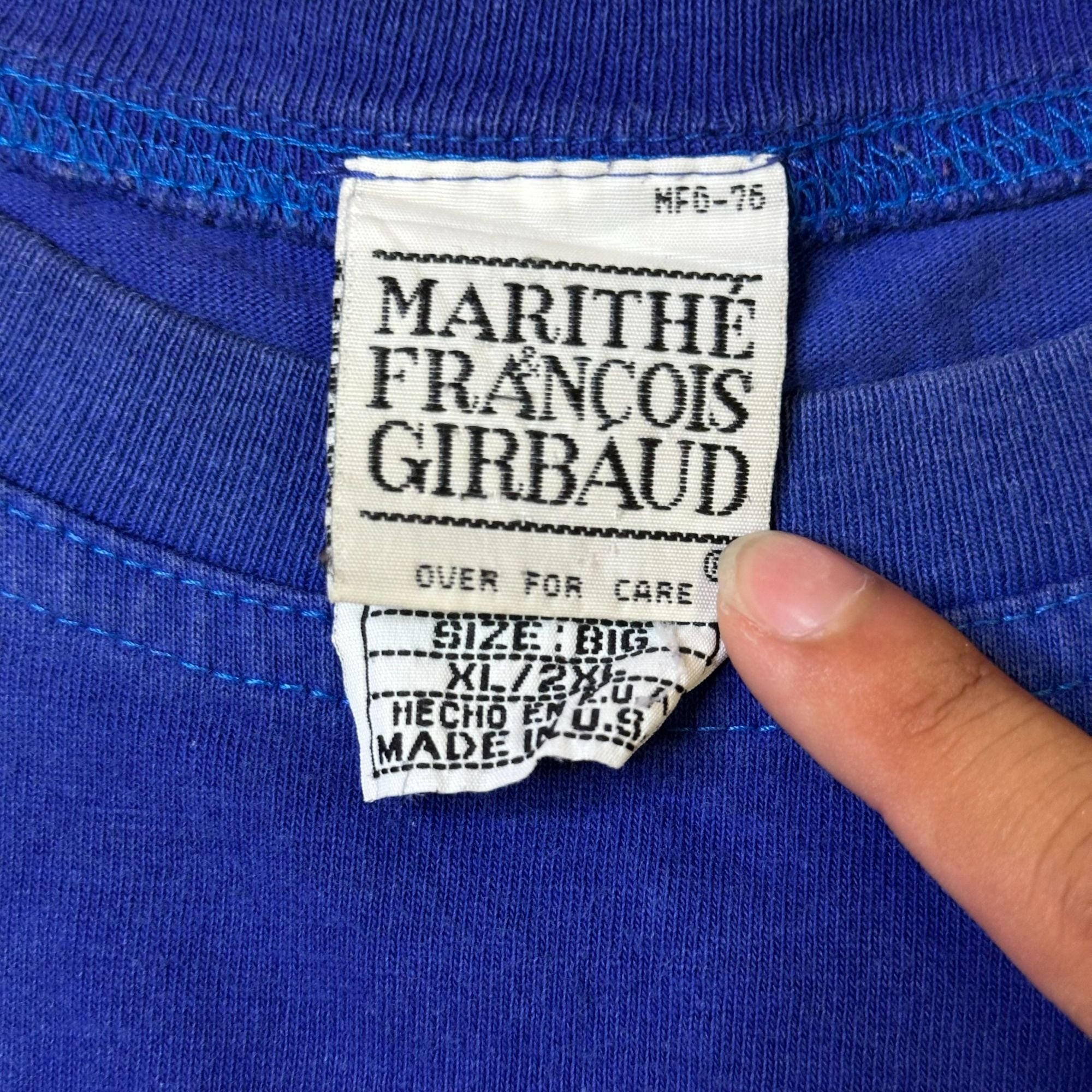Marithe Francois Girbaud Blue Graphic T-Shirt Size XL 100% Cotton Vintage Design Crew Neck Short Sleeve Unisex Made In USA