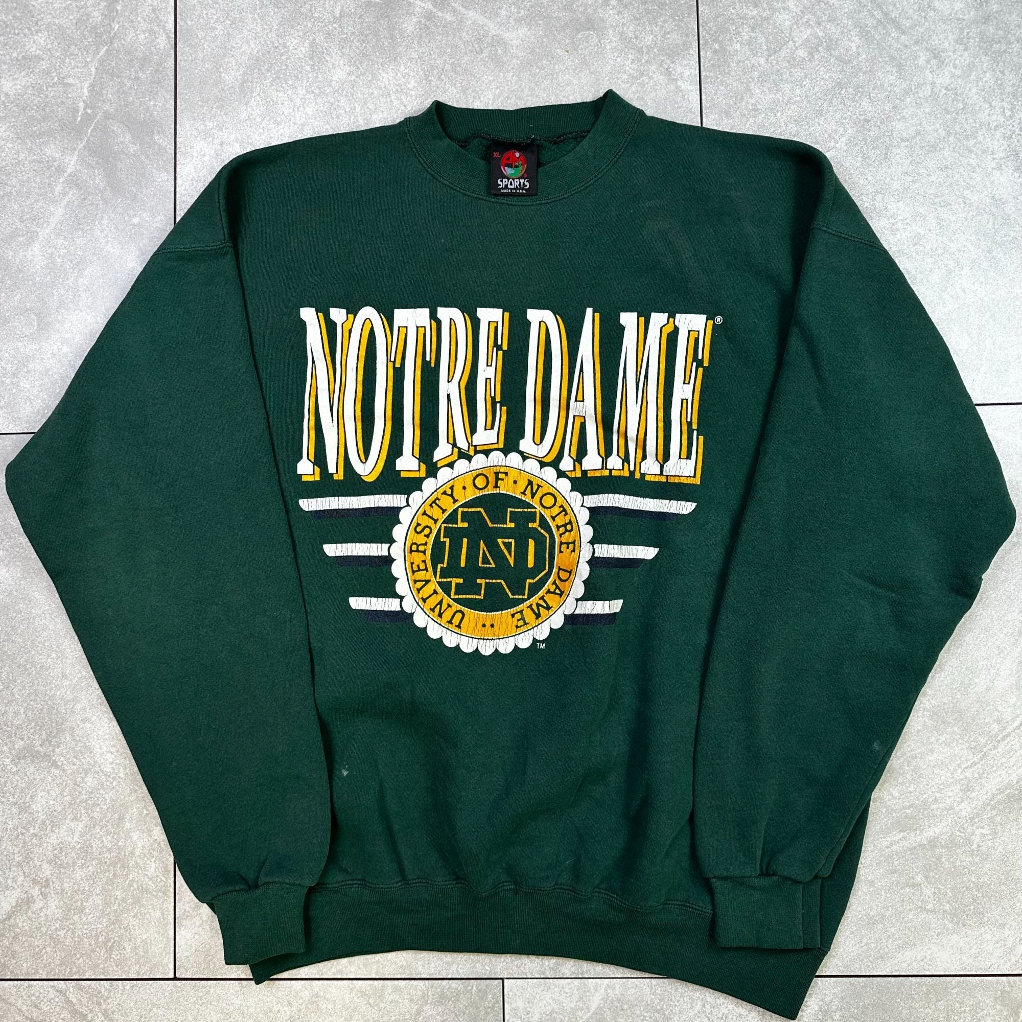 Vintage Notre Dame University XL Crewneck Sweatshirt Green Made In USA By JM Sports