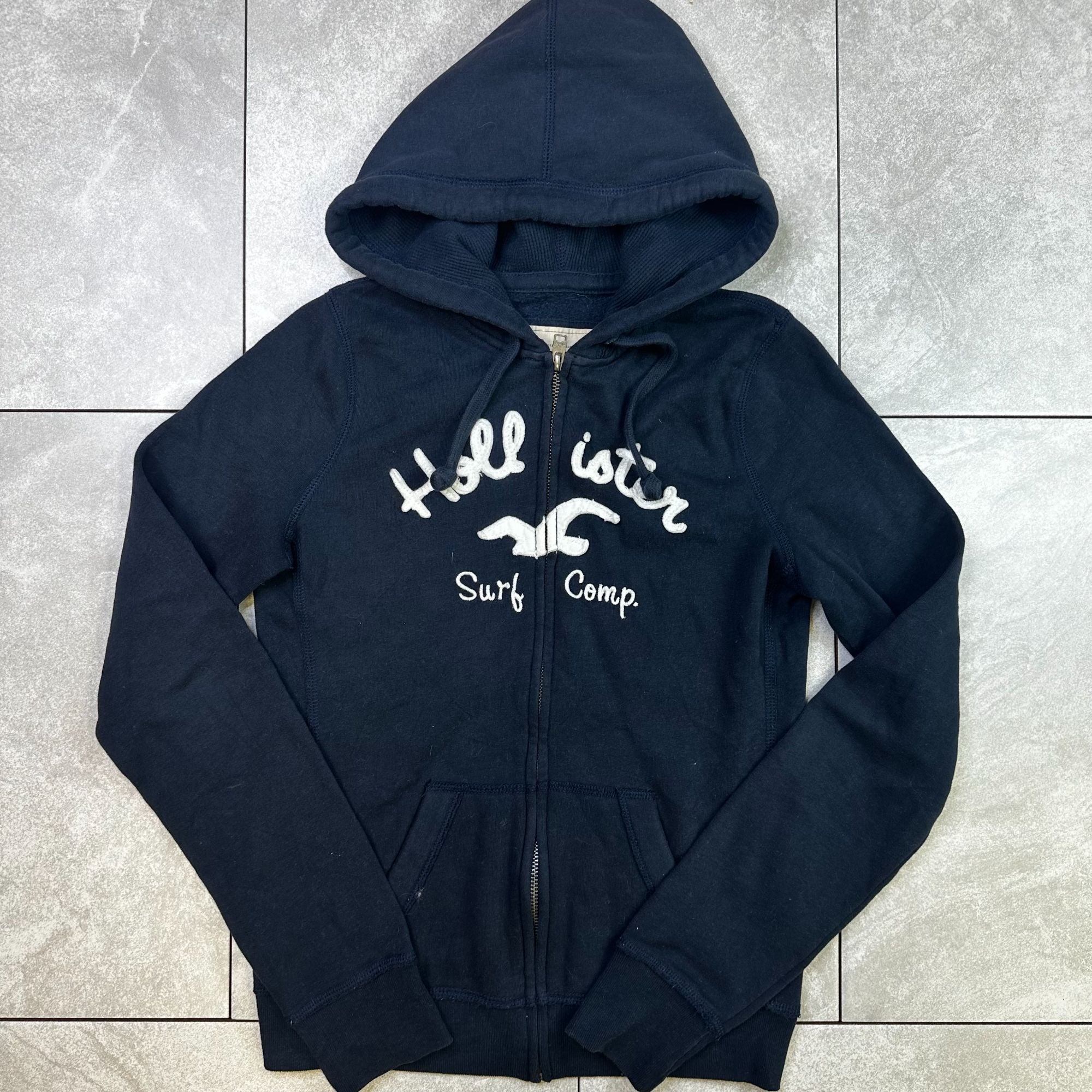Hollister Navy Full-Zip Hoodie Jacket With Hood "Surf Comp." Logo M