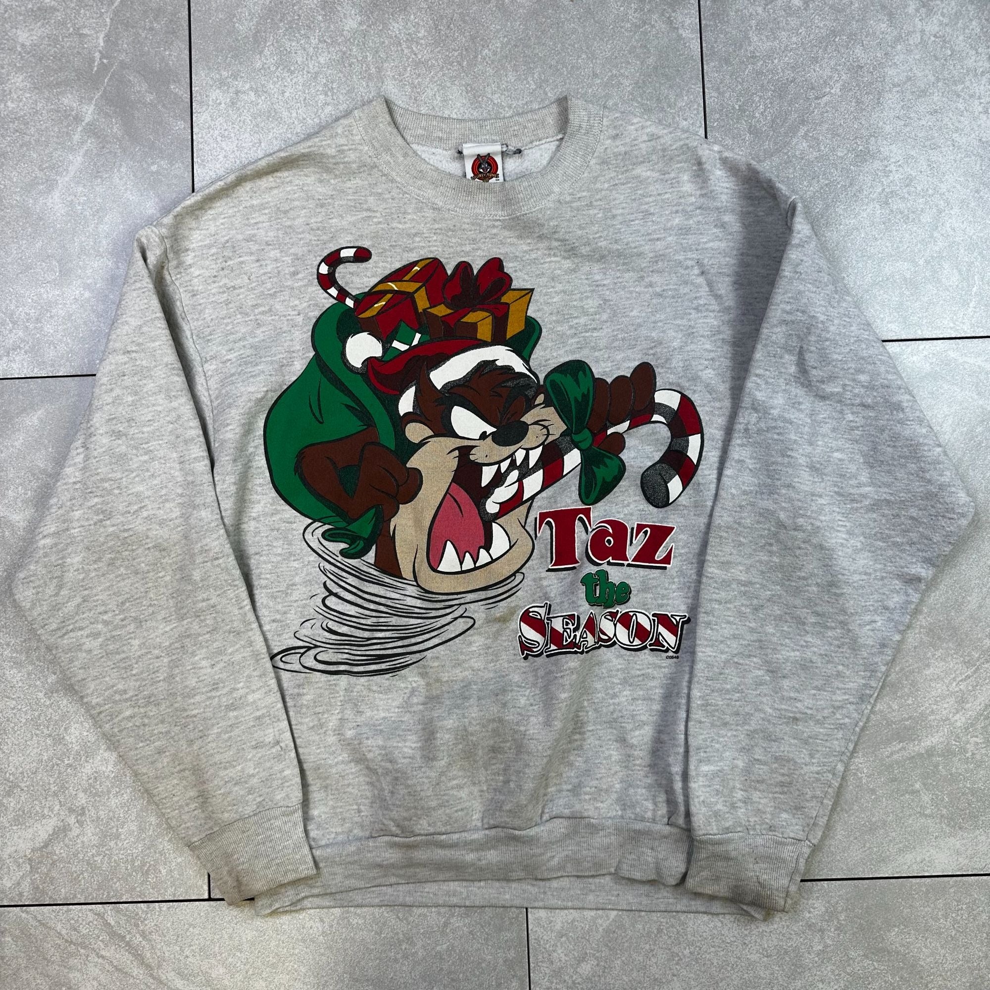 Vintage 90s Looney Tunes Taz Taz The Season Gray Crewneck Sweatshirt Cartoon Graphic Warner Bros Unisex Cotton Blend