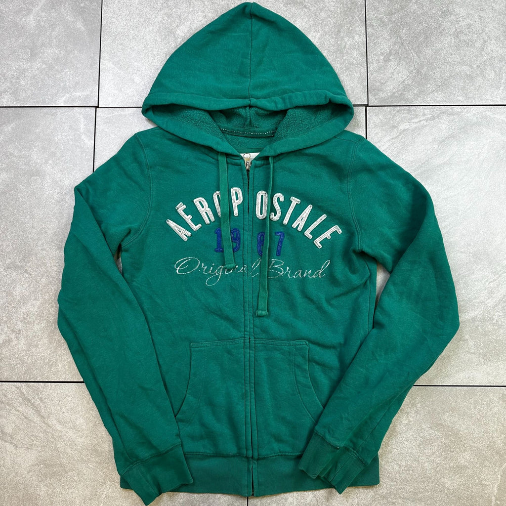 Aeropostale Womens Green Full-Zip Hoodie With Embroidered Logo Size S Cotton Blend Comfortable Casual Wear