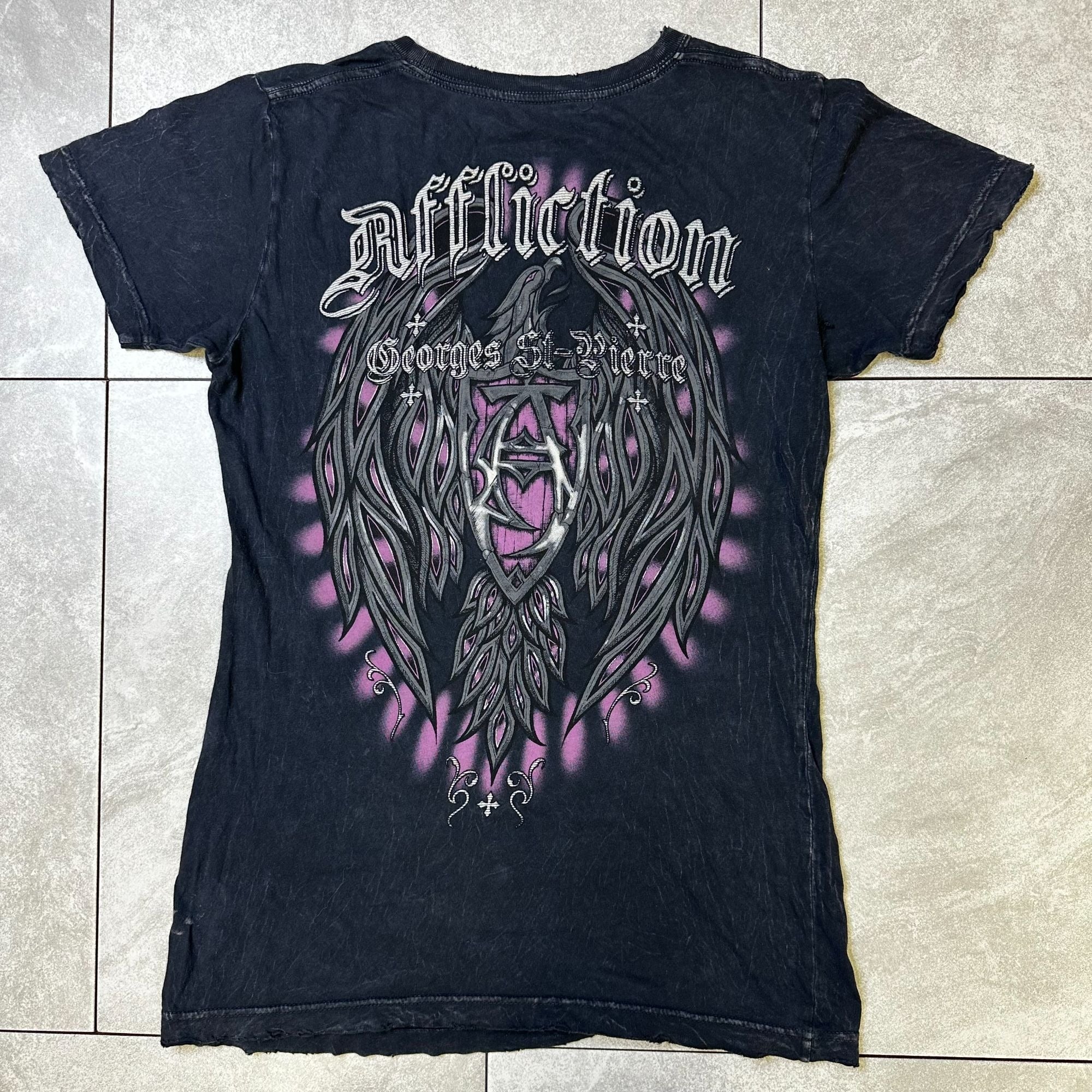 Affliction Georges St-Pierre Rush Signature Series T-Shirt Black L 100% Cotton Graphic Wings