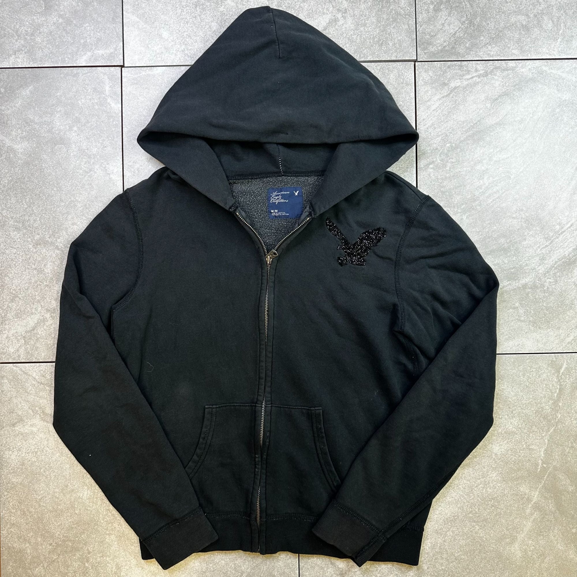 American Eagle Outfitters Black Zip-Up Hoodie With Sequin Logo M Cotton Blend Made In Vietnam