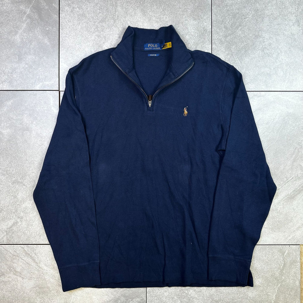 Polo Ralph Lauren Navy Half-Zip Pullover Sweatshirt Estate Rib Mens Size M Cotton Blend