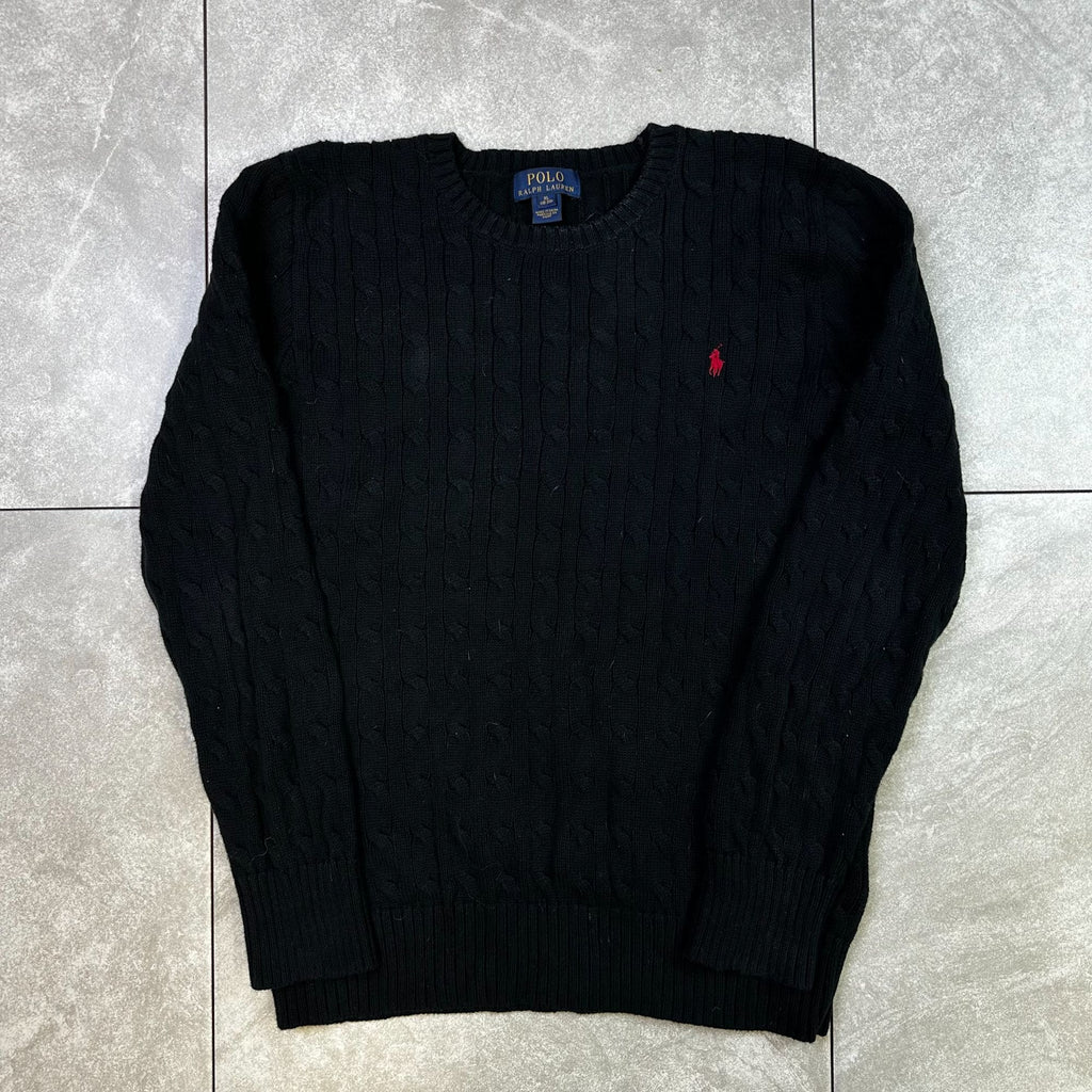 Polo Ralph Lauren XL Black Cable Knit Crewneck Sweater Red Pony Logo 100% Cotton Mens Classic Design