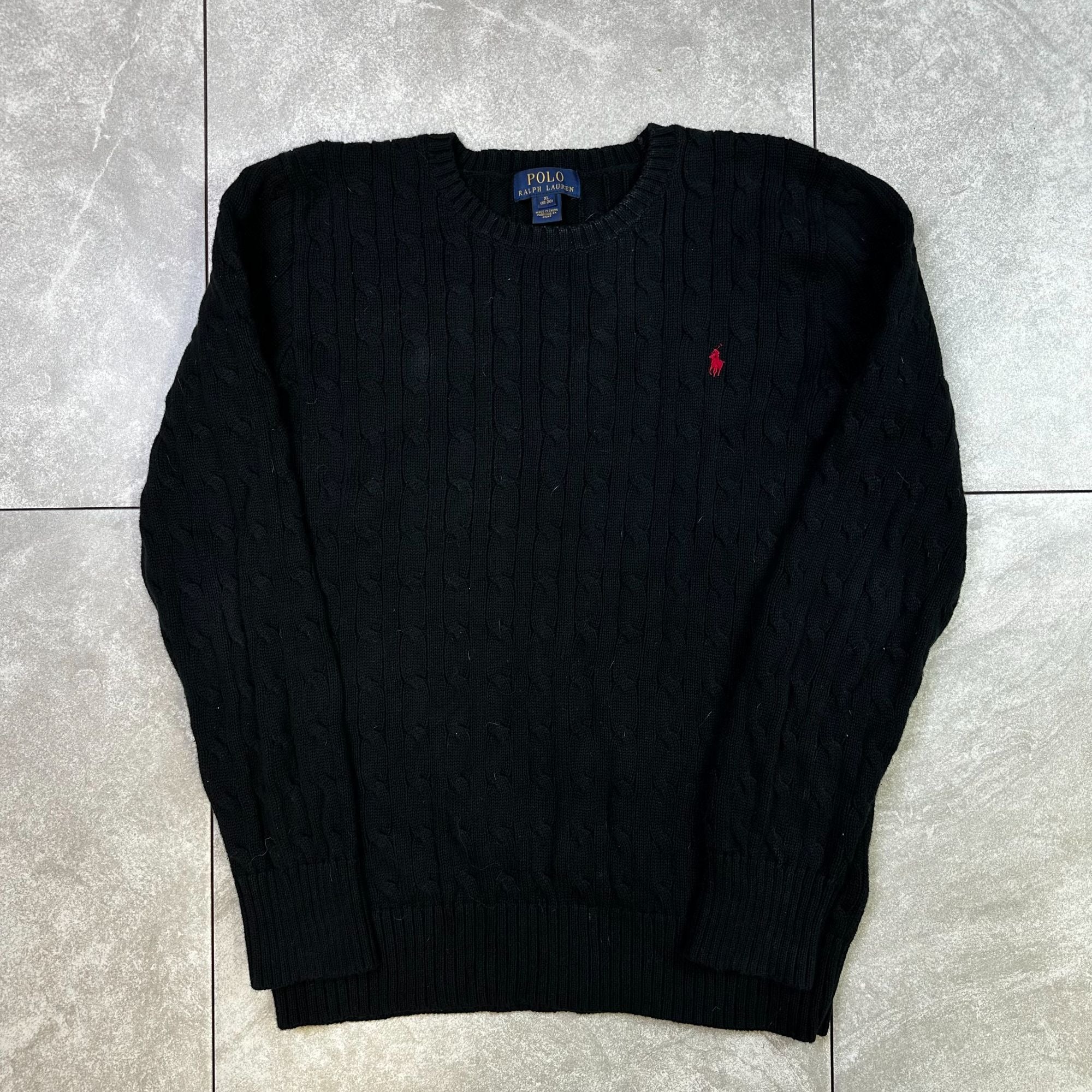 Polo Ralph Lauren XL Black Cable Knit Crewneck Sweater Red Pony Logo 100% Cotton Mens Classic Design