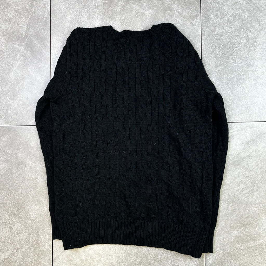 Polo Ralph Lauren XL Black Cable Knit Crewneck Sweater Red Pony Logo 100% Cotton Mens Classic Design