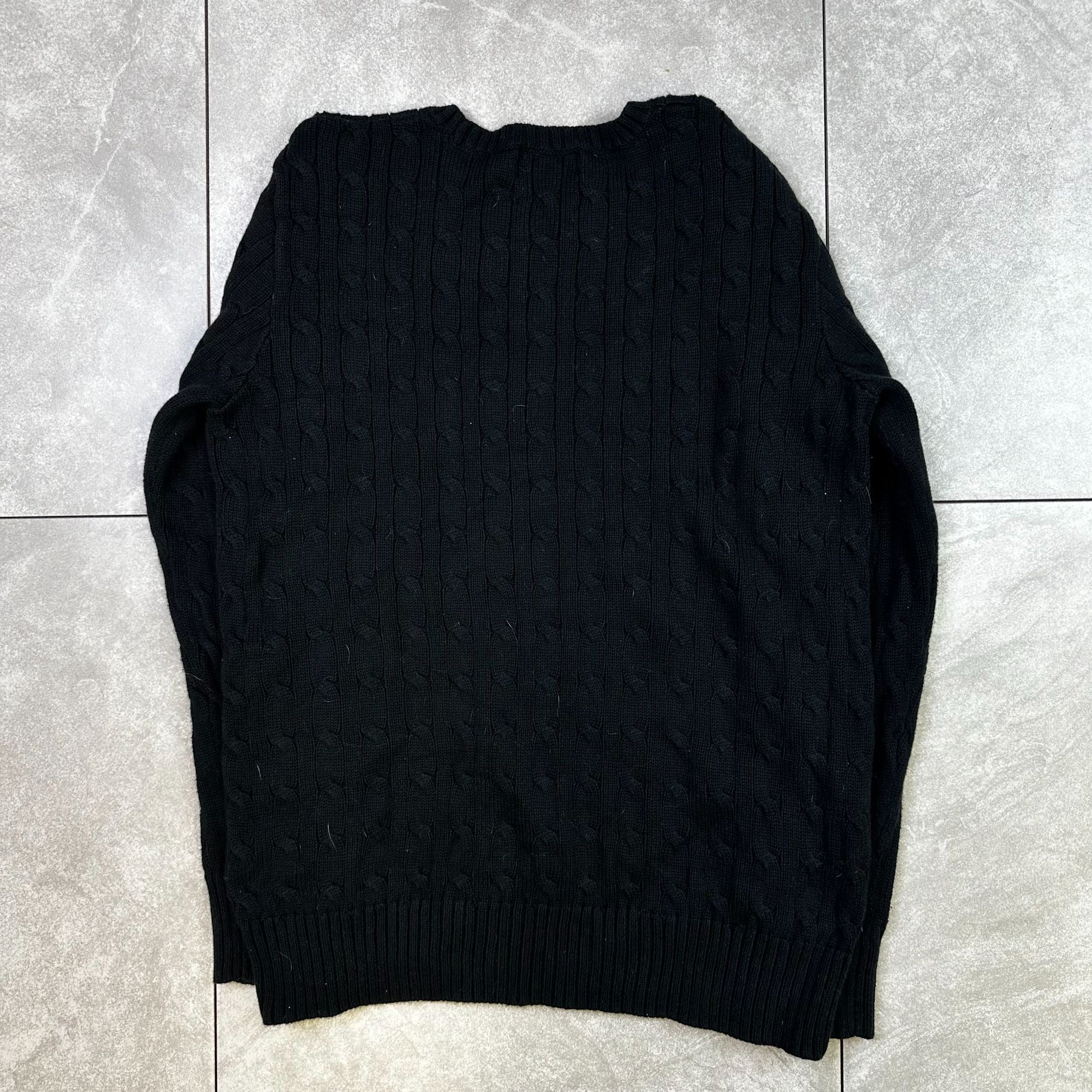 Polo Ralph Lauren XL Black Cable Knit Crewneck Sweater Red Pony Logo 100% Cotton Mens Classic Design