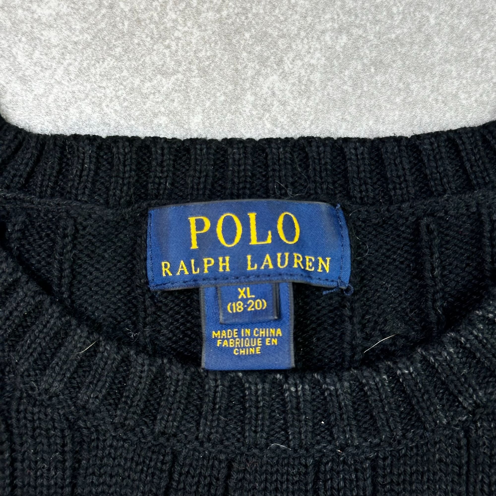 Polo Ralph Lauren XL Black Cable Knit Crewneck Sweater Red Pony Logo 100% Cotton Mens Classic Design