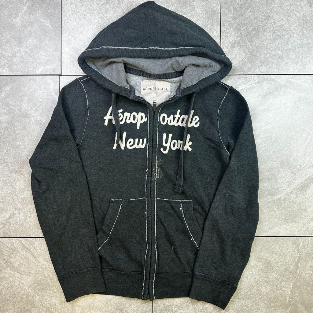Aeropostale Womens Charcoal Gray Hoodie Sweatshirt S/P Cotton Blend Full-Zip Front Pockets