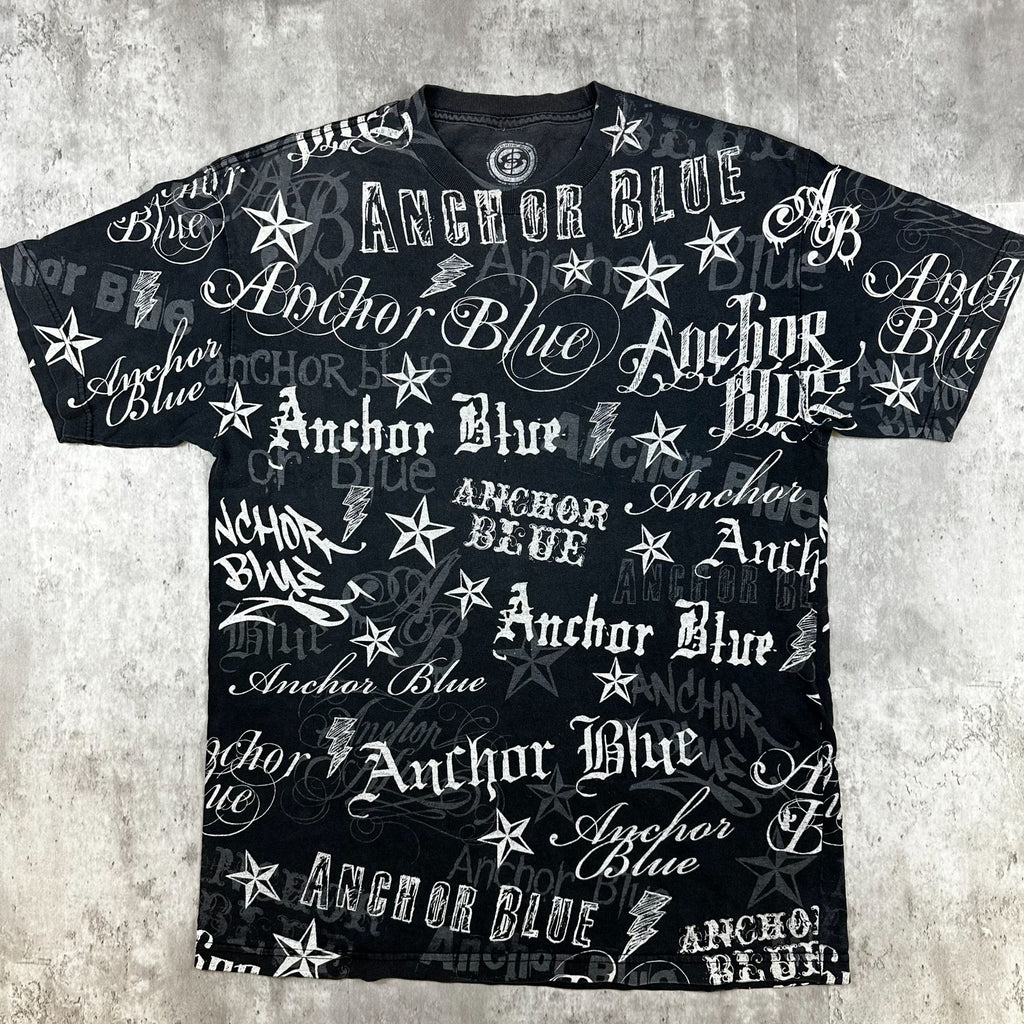 Anchor Blue Allover Print Black Graphic T-Shirt Size XL
