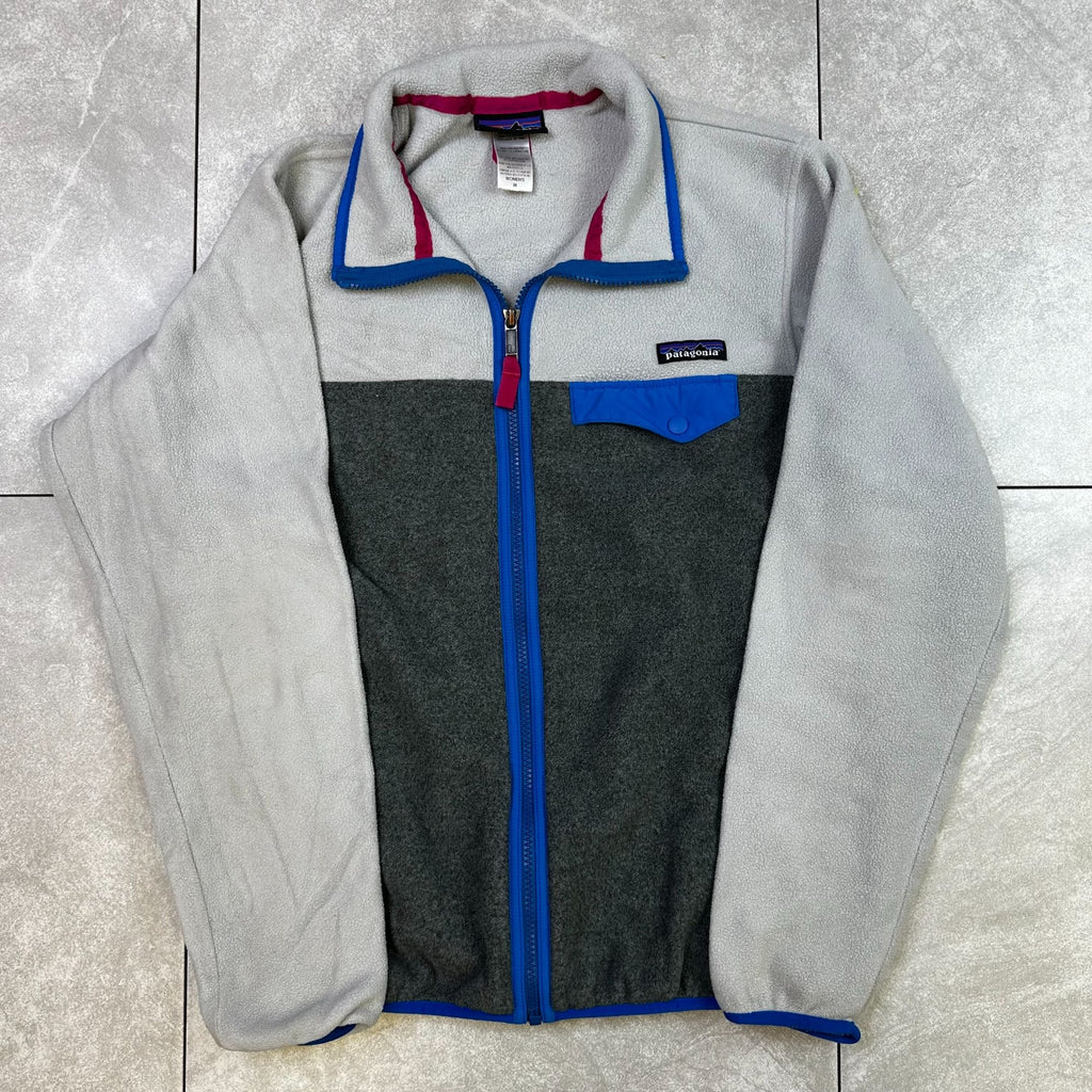 Patagonia Synchilla Womens M Gray & White Full Zip Fleece Jacket With Blue & Pink Accents