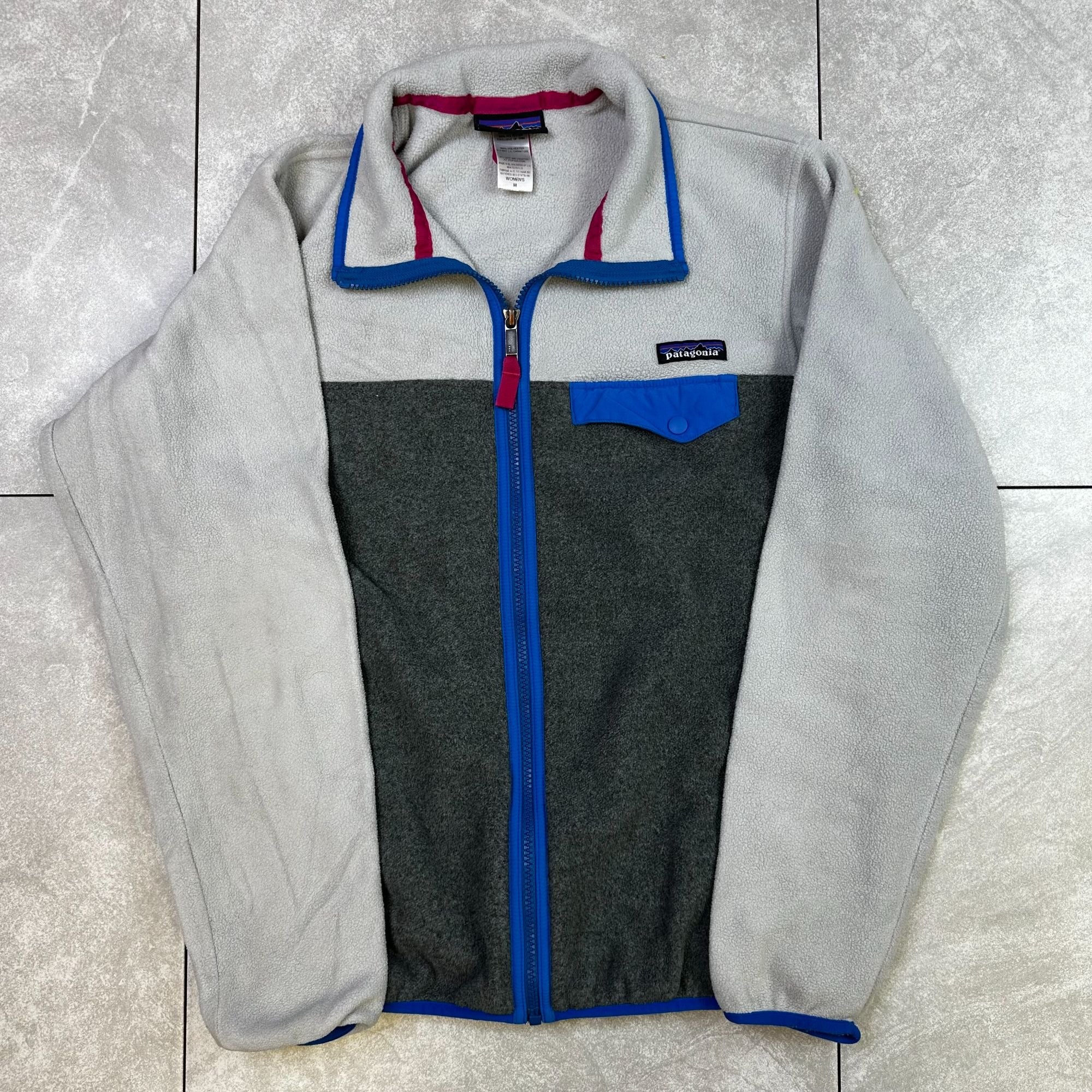 Patagonia Synchilla Womens M Gray & White Full Zip Fleece Jacket With Blue & Pink Accents